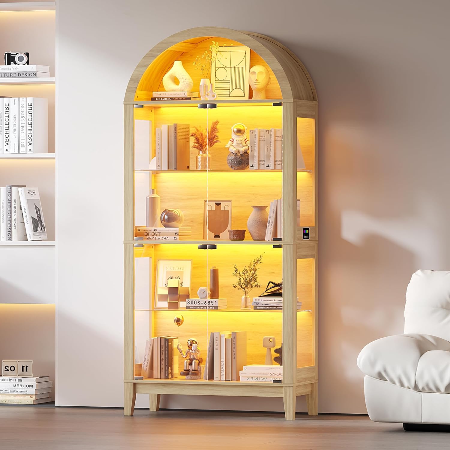HNEBC Arched Book Shelf with Glass Doors, LED Bookcase with RGB Lights, 5 Tier Cabinet Has 9-Cube Storage, 69' Display Cabinet for Music-Synced Lighting Living Room,Bedroom (Natural)
