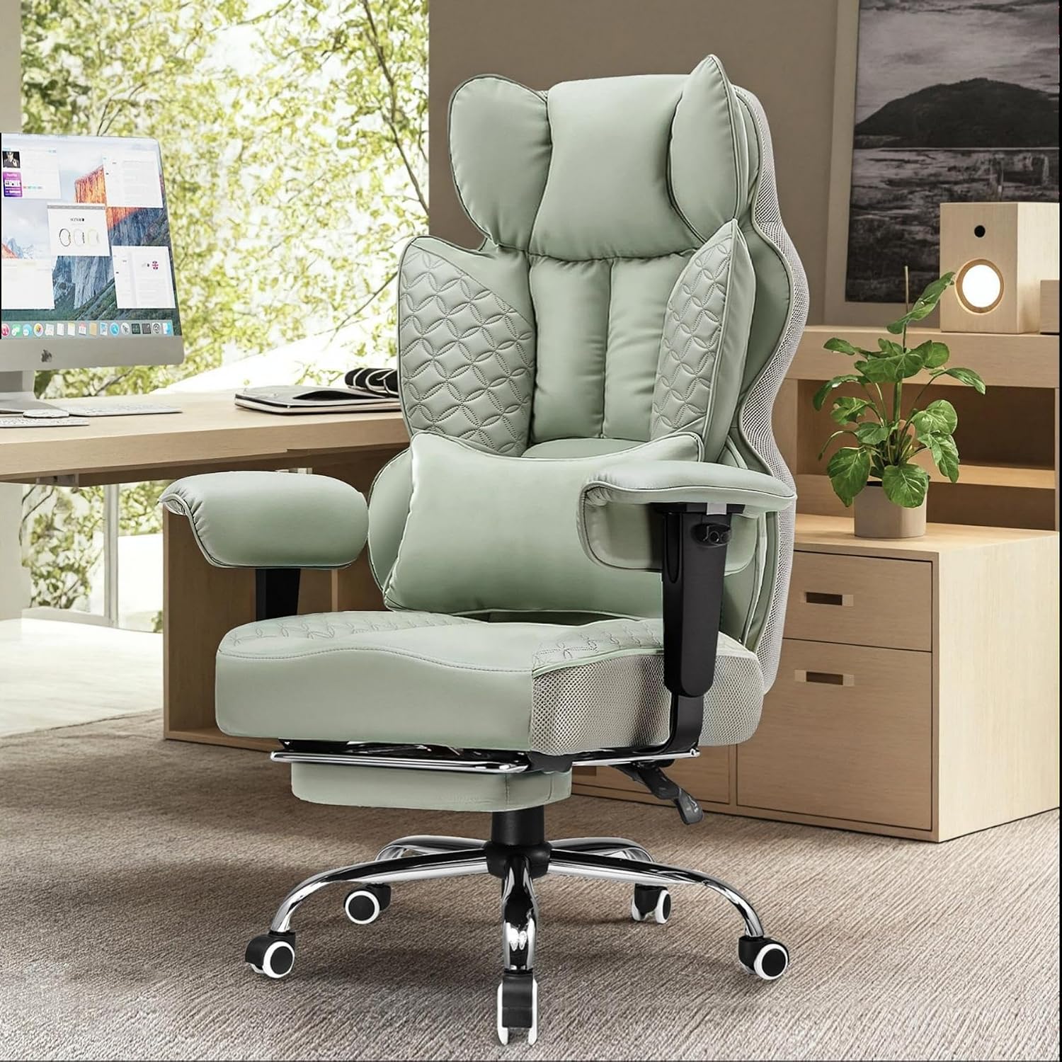 GTPLAYER Big and Tall Gaming Chair 400lbs Heavy Duty Office Chair with Foot Rest & Ergonomic Pocket Spring Lumbar Support, High Back 3D Saddle Shaped Cushion for Back Pain Relief, Green