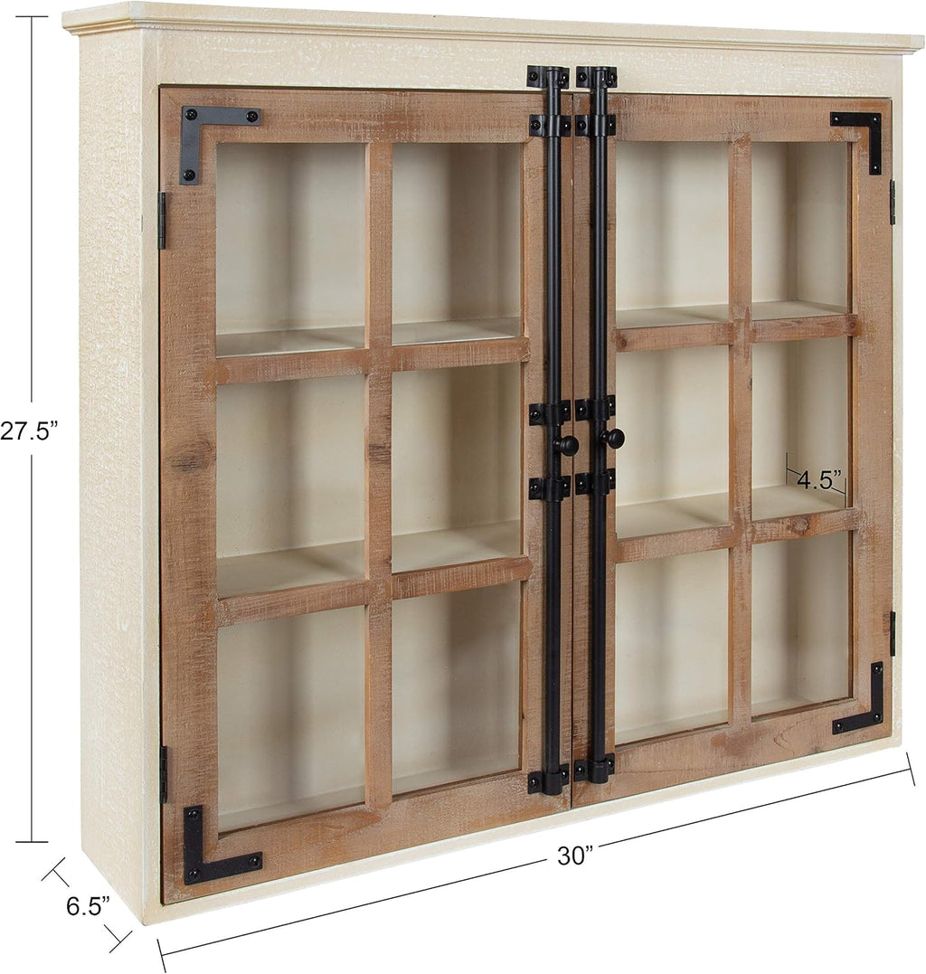 Kate and Laurel Hutchins Decorative Farmhouse Wood Wall Cabinet, 30 x 6.5 x 27.5, White and Brown, Wall Cabinet with Window Pane Glass Door
