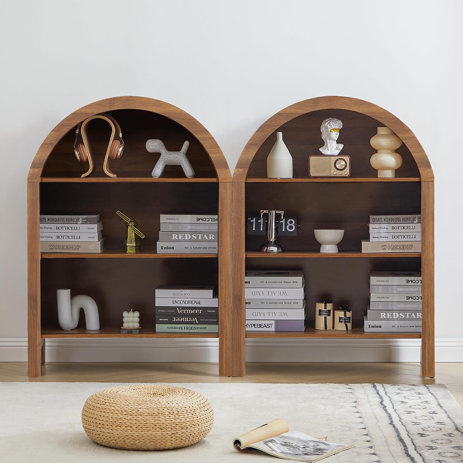 Janmer Home Freestanding Arched Bookcase, Modern 3-Tier Open Bookshelf, Low Short Bookshelf with Adjustable Shelves, Arched Storage Display Cabinet Organizer for Office, Living Room (Walnut, 2pcs)
