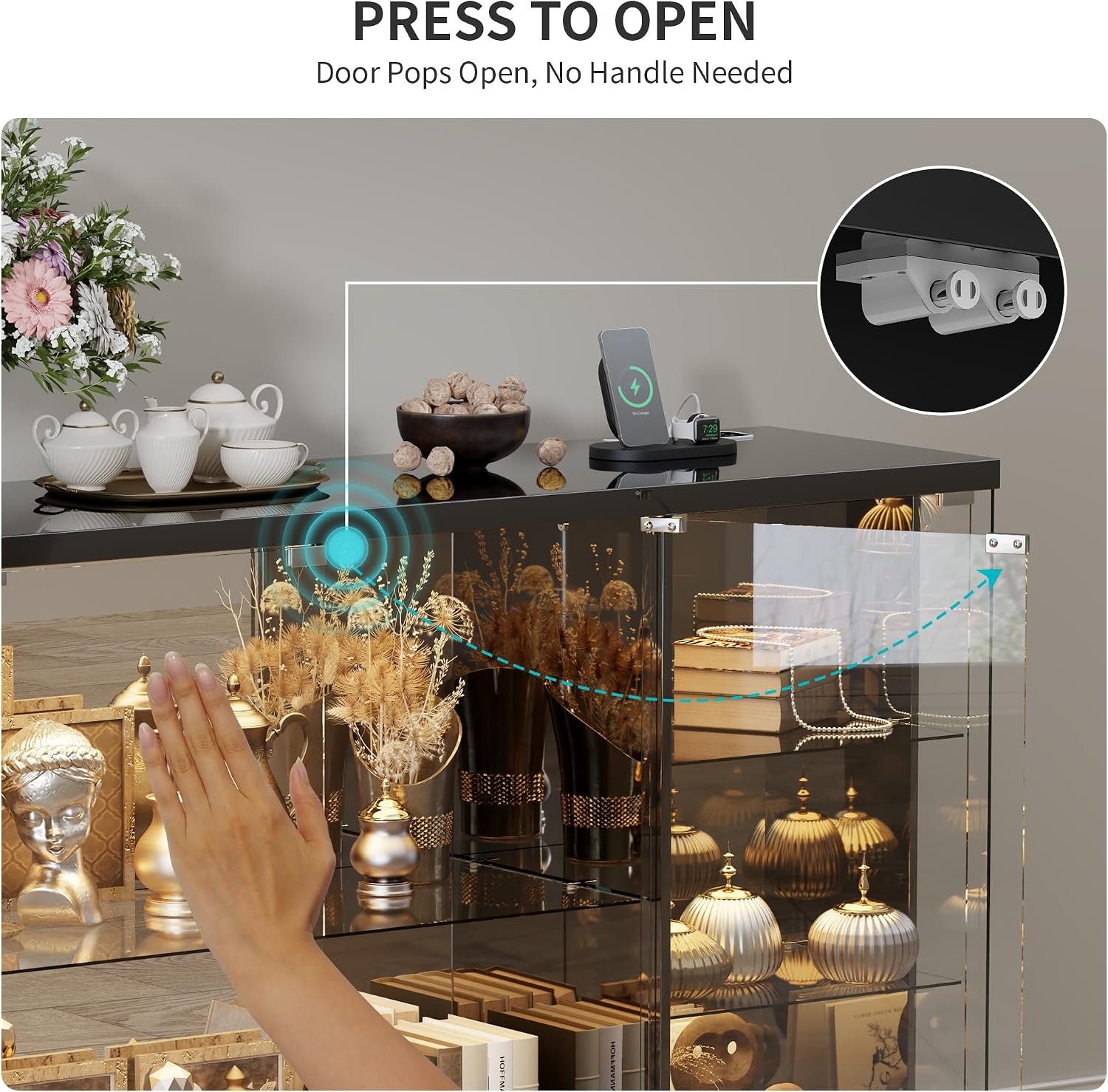 HNEBC Lockable Display Curio Cabinet with Glass Door,47.2' W Glass Display Cabinet with 3 Color Lights for Collectibles,5-Tier Lighted Display Case with Human Sensor,Living Room,Black