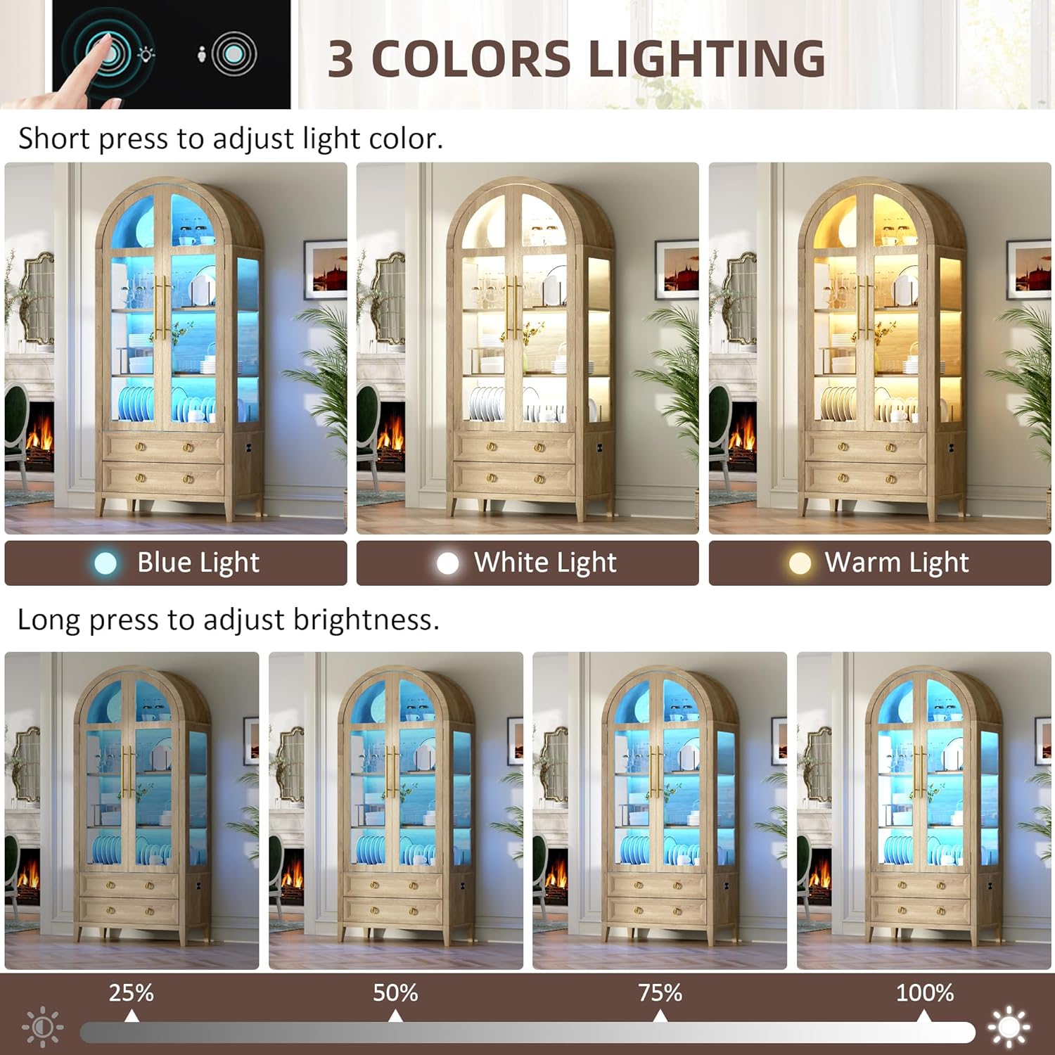Vlsrka 71' Arched Curio Cabinet with Glass Doors, 4-Shelves Display Cabinet and 2 Drawers, Display Case with 3 Color Lights, Tall Bookcase, Kitchen Pantry, Wood Color