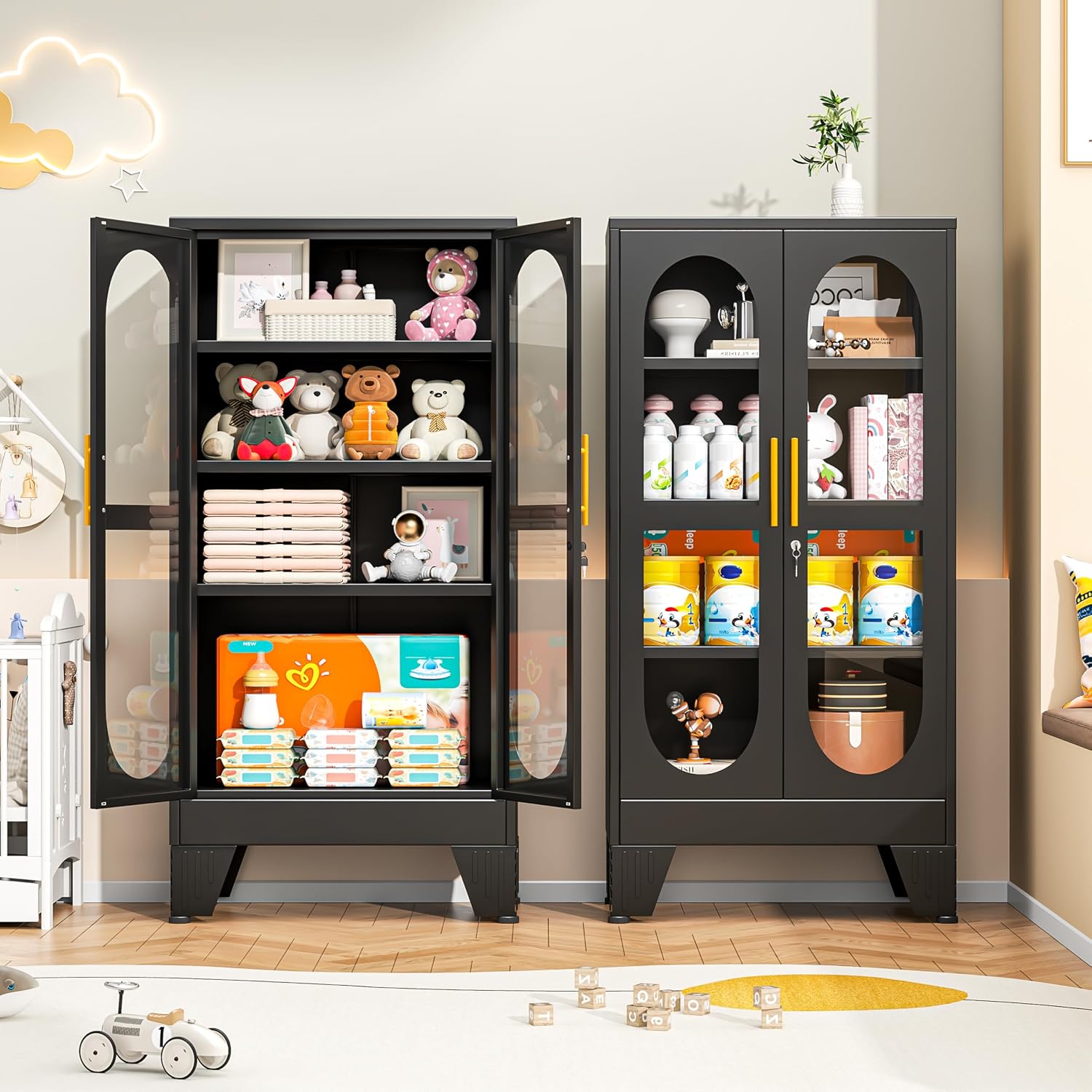 47' H Locking Display Cabinet with Glass Door, Tall black Storage Cabinet with 3 Adjustable Shelves, Metal Curio Cabinet Multi-Purpose Display Case for Collectibles Living Room/Bedroom/Kitchen/Bar