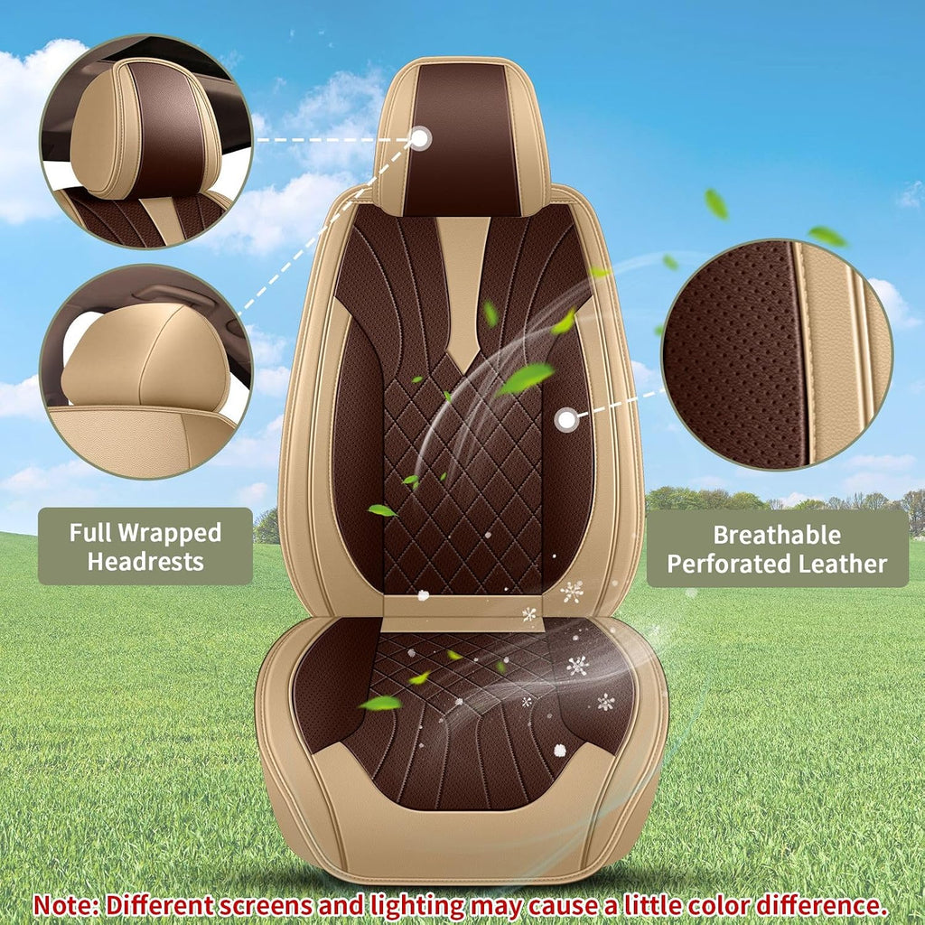 IKABEVEM Breathable Car Seat Covers for Honda Ridgeline 2006-2025 2026, Front Seats, Perforated Leather, Seat Protector, Interior Trim for Honda Ridgeline Accessories (Beige&Brown)