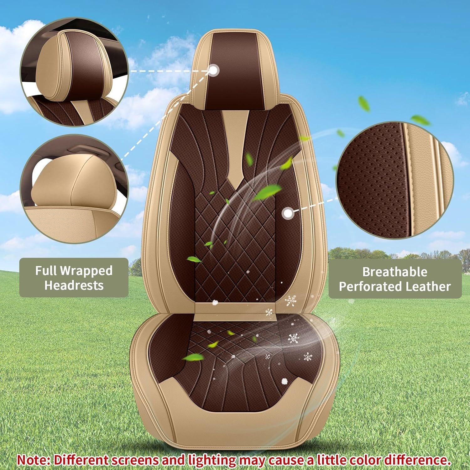 IKABEVEM Breathable Car Seat Covers for Honda Ridgeline 2006-2025 2026, Front Seats, Perforated Leather, Seat Protector, Interior Trim for Honda Ridgeline Accessories (Beige&Brown)