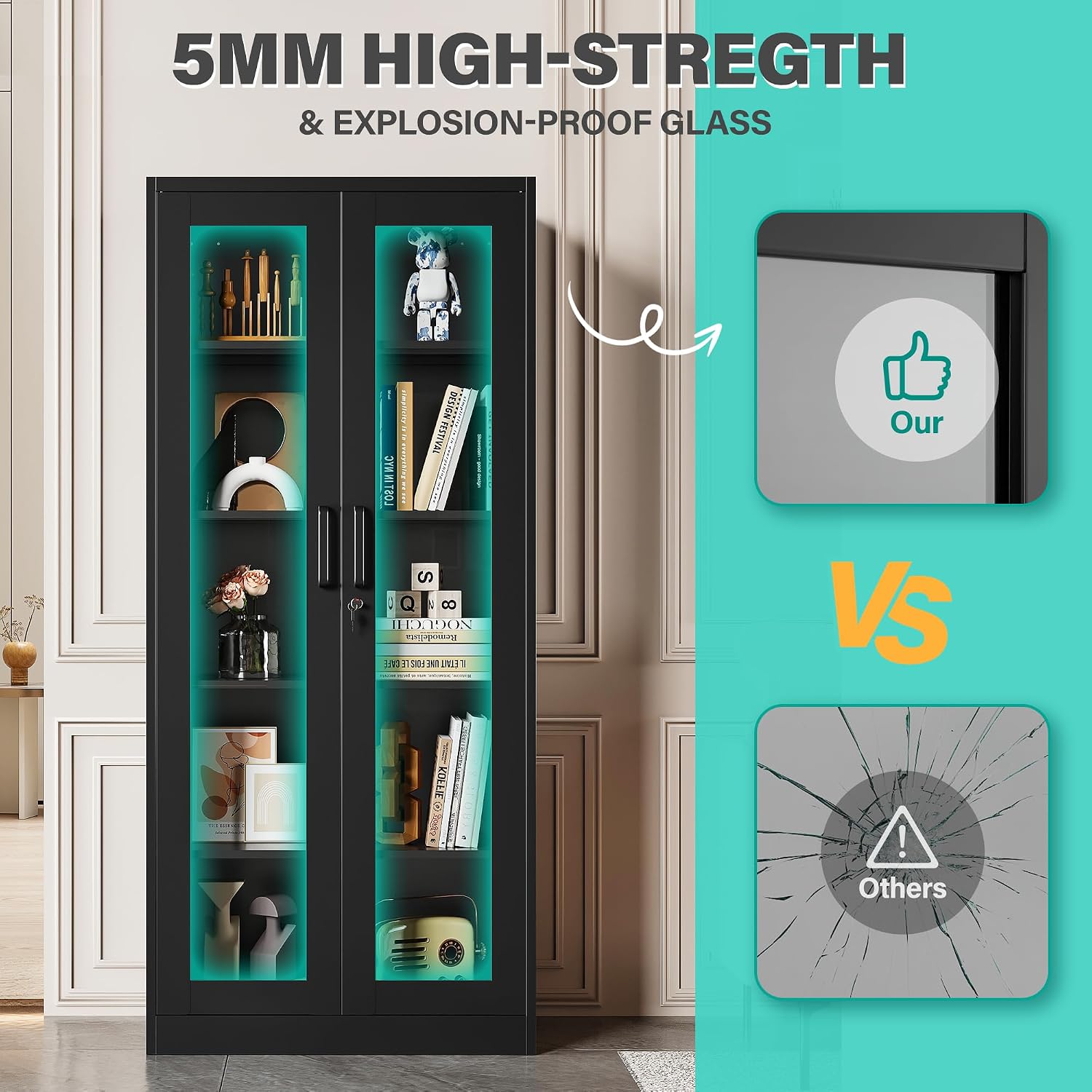 Metal Storage Cabinet with Lock and Glass Doors,Glass Display Cabinet,Black Storage Cabinets,Locking Curio Cabinets with 5 Shelves for Collectibles,Home,Office,Living Room
