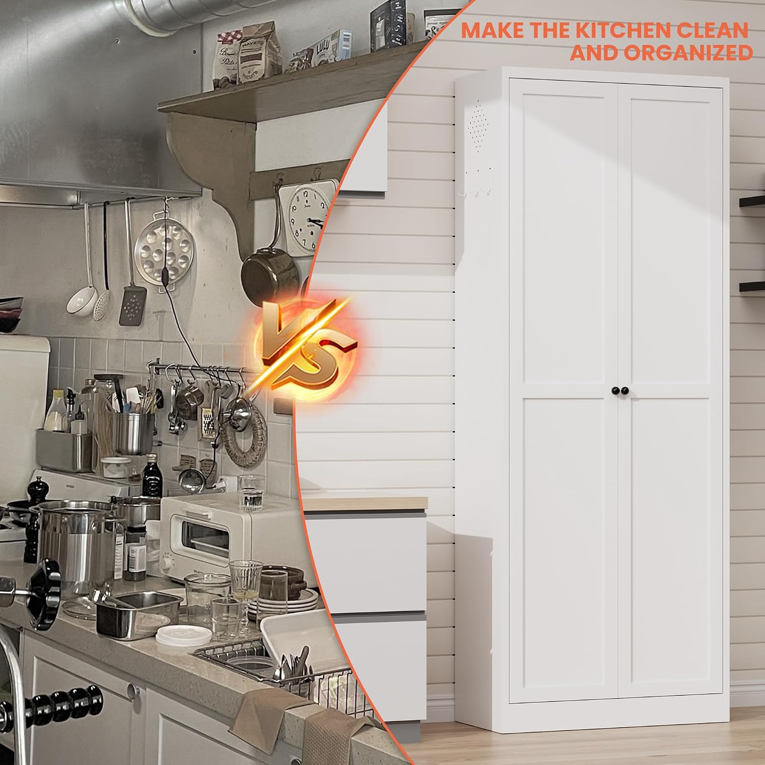 72' Kitchen Pantry Cabinet with 2 Doors and 5 Shelves,White Metal Garage Storage Cabinets,Freestanding Steel Tool Cabinet Utility Cabinets Cupboard for Kitchen,Living,Dining Room,Bathroom