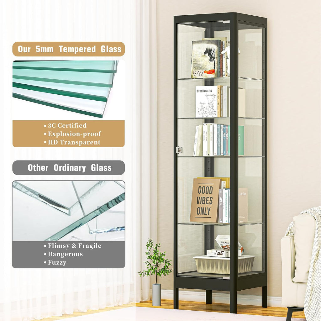 5-Tier Glass Display Cabinet with 13 Color LED Lights & Lock, 63' Curio Cabinet with Glass Doors & Adjustable Shelves, Lighted Display Case for Collectibles Figures Trophy - Black
