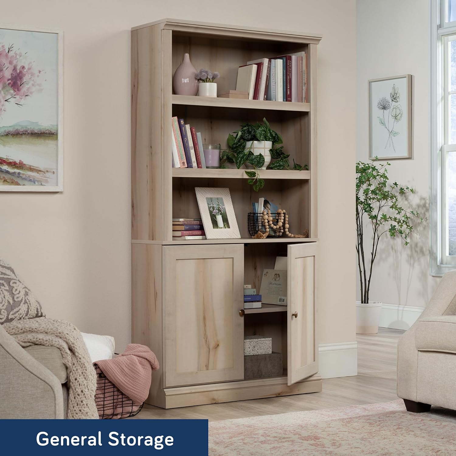 Sauder Miscellaneous Storage 5-Shelf/Book Shelf 2-Door Bookcase, Pacific Maple Finish