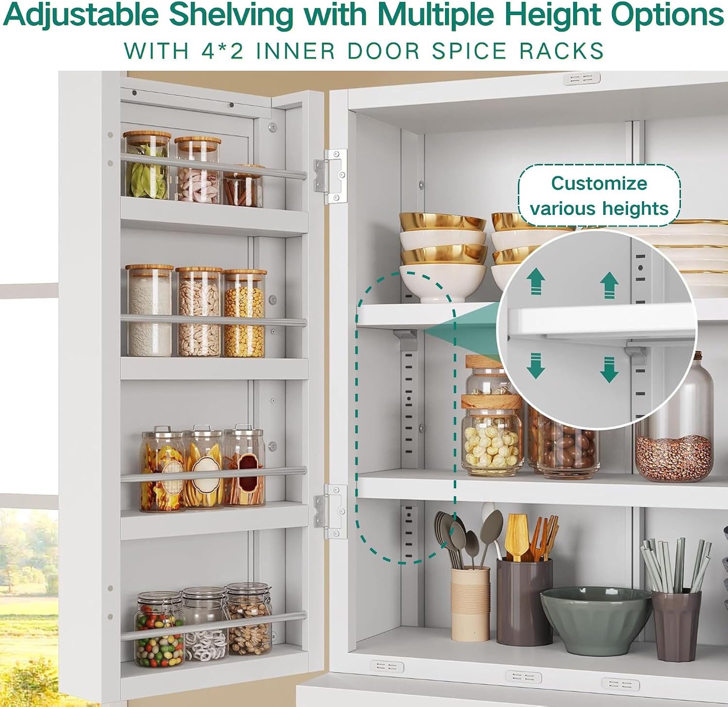 YITAHOME 71' Metal Kitchen Pantry Storage Cabinet with 4 Doors, 4 Adjustable Shelves, 1 Drawer and 8 Door Racks, Tall Freestanding Steel Cupboard for Home Kitchen Living Dining Room, White