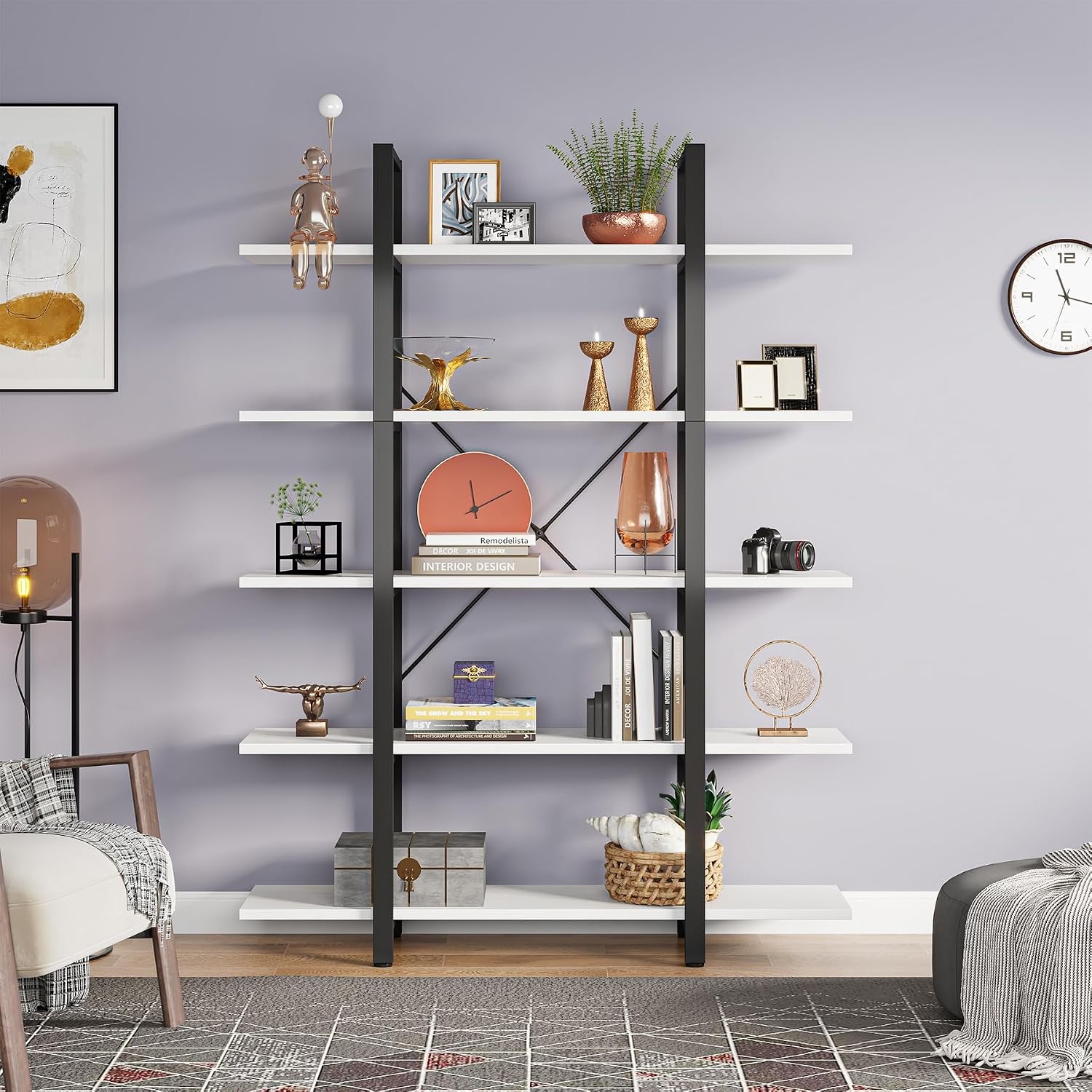 Tribesigns 5-Tier Bookshelf, Vintage Industrial Style Bookcase 72 H x 12 W x 47L Inches, White