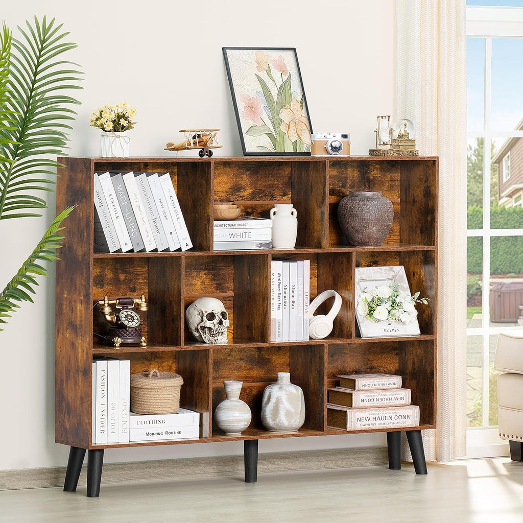 LEYAOYAO 10 Cube Bookshelf, 3 Tier Vintage 55.12' Wide Bookcase with Legs, Mid-Century Wood Bookshelves Storage, Brown Large Book Case, Freestanding Organizer Display Shelf for Living Room, Office