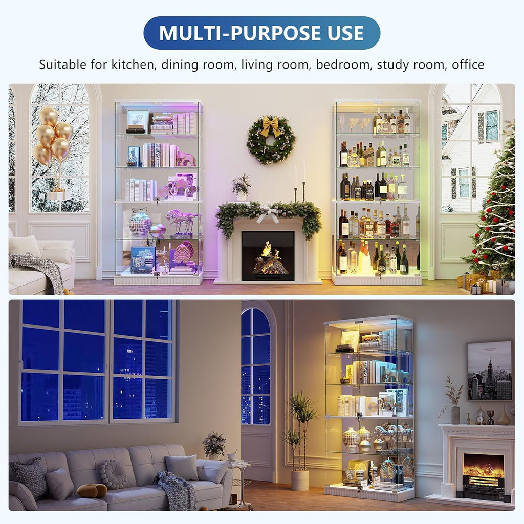 RGB Glass Display Cabinet with Lights, Modern Curio Cabinet Display Cases for Collectibles, Locking Showcase Cabinet with 5-Tier Shelves, Tall Bookcase w/ Human Body Sensor for Living Room (White)