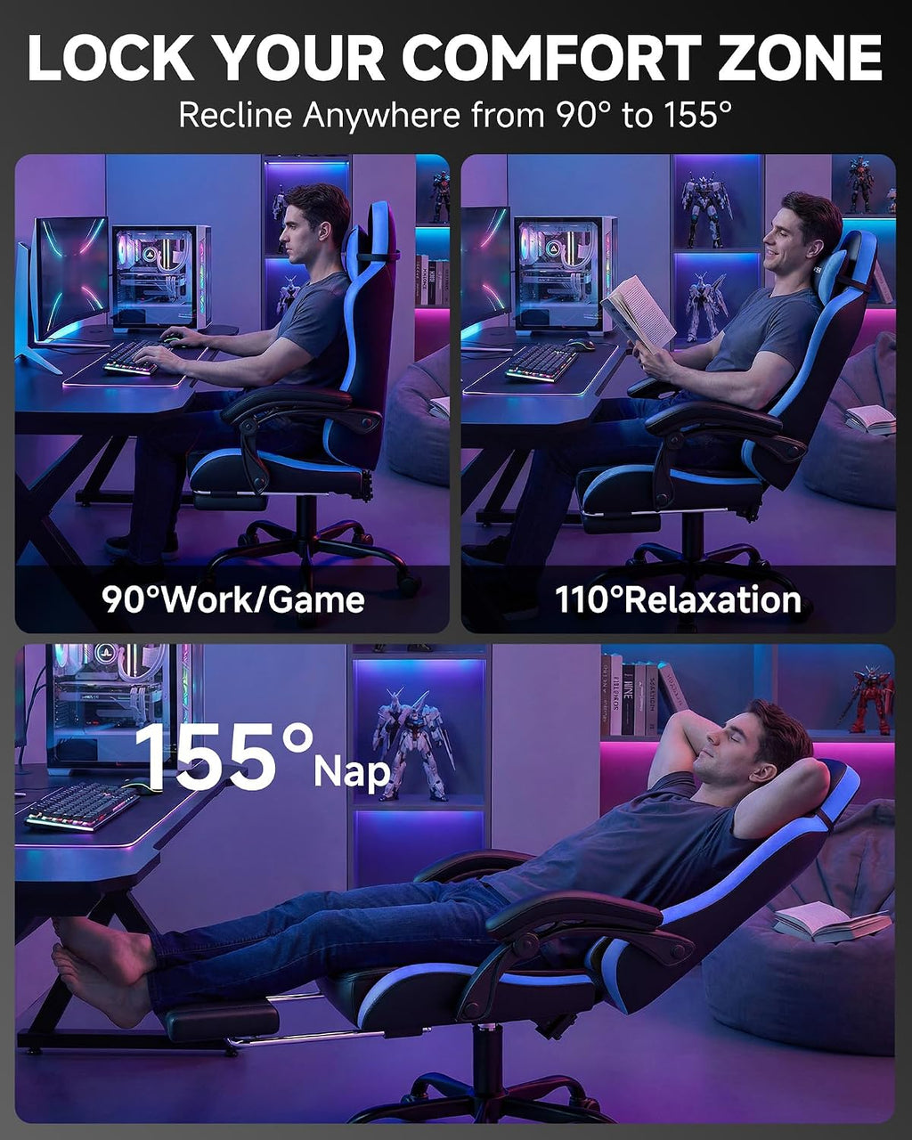 GTPLAYER Gaming Chair for Adults, Ergonomic Computer Gaming Chair with Footrest, Height Adjustable, 90-155° Recline & Removable Headrest Lumbar Support, Black&Blue
