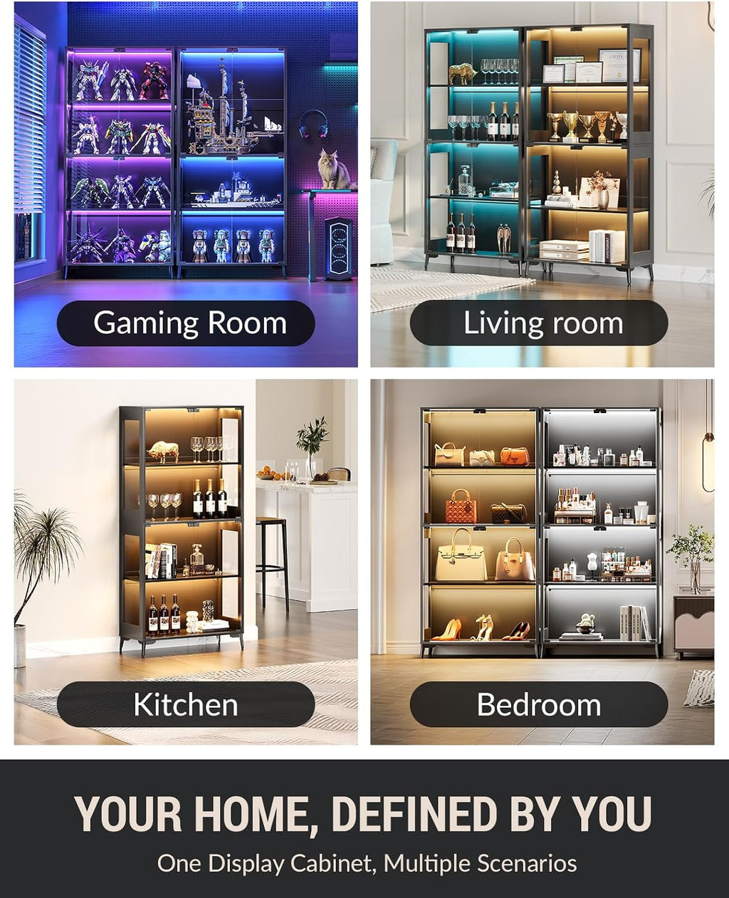 Display Cabinet with Glass Doors, 4-Tier Curio Cabinet, Adjustable Shelves, 60,000 Color Lights for Collectibles, Glass Display Case with App & Remote Control, Bookcase, Storage Cabinet, Black