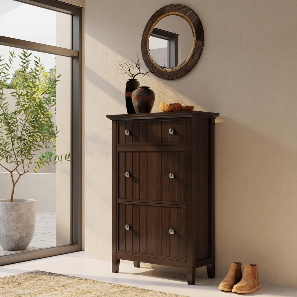 SIMPLIHOME Acadian Storage Cabinet - 32 inch Wide Solid Wood Entryway Shoe Storage Cabinet in Brunette Brown, Transitional Tilt-Out Shoe Organizer for Hallway with Drawer and Brushed Nickel Hardware
