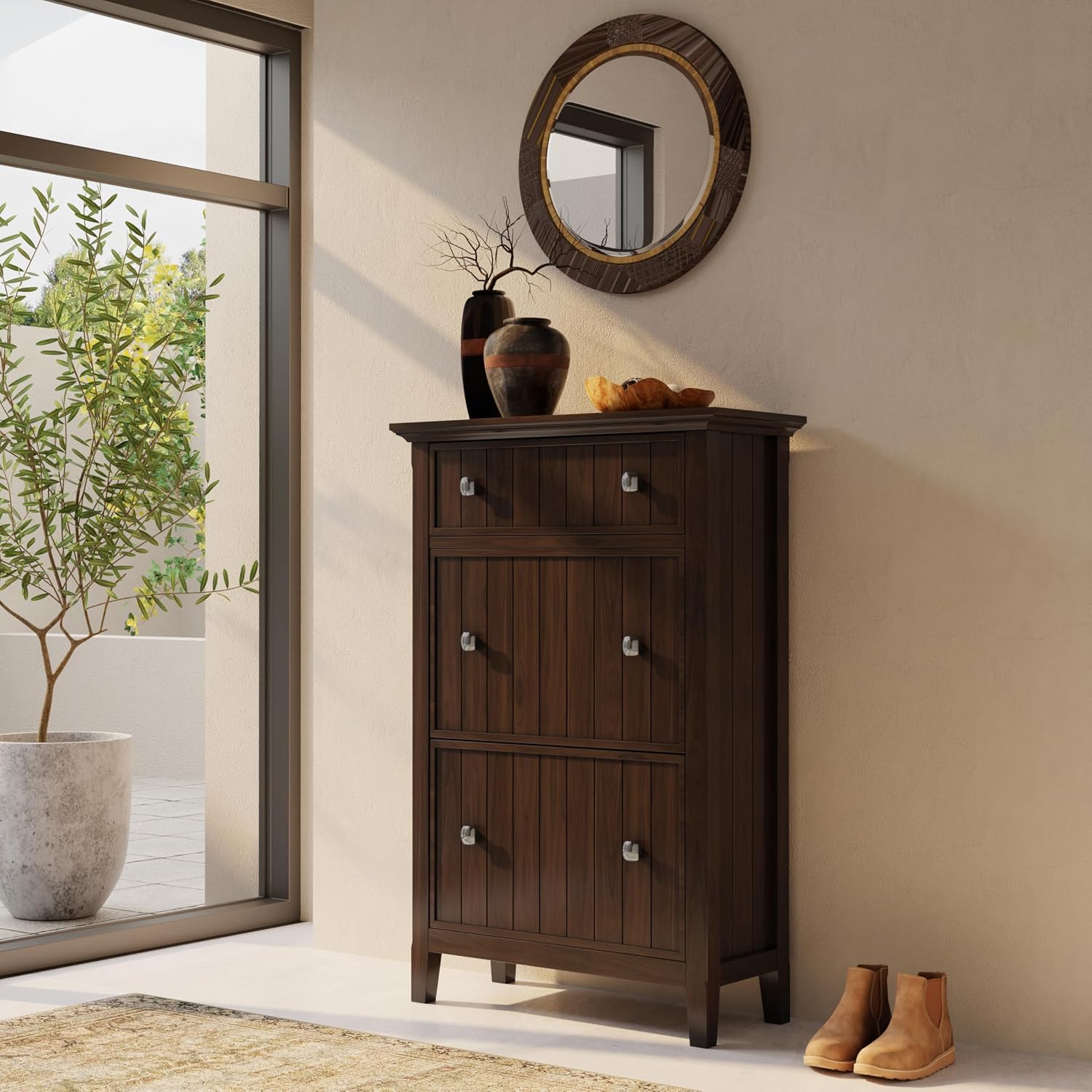 SIMPLIHOME Acadian Storage Cabinet - 32 inch Wide Solid Wood Entryway Shoe Storage Cabinet in Brunette Brown, Transitional Tilt-Out Shoe Organizer for Hallway with Drawer and Brushed Nickel Hardware
