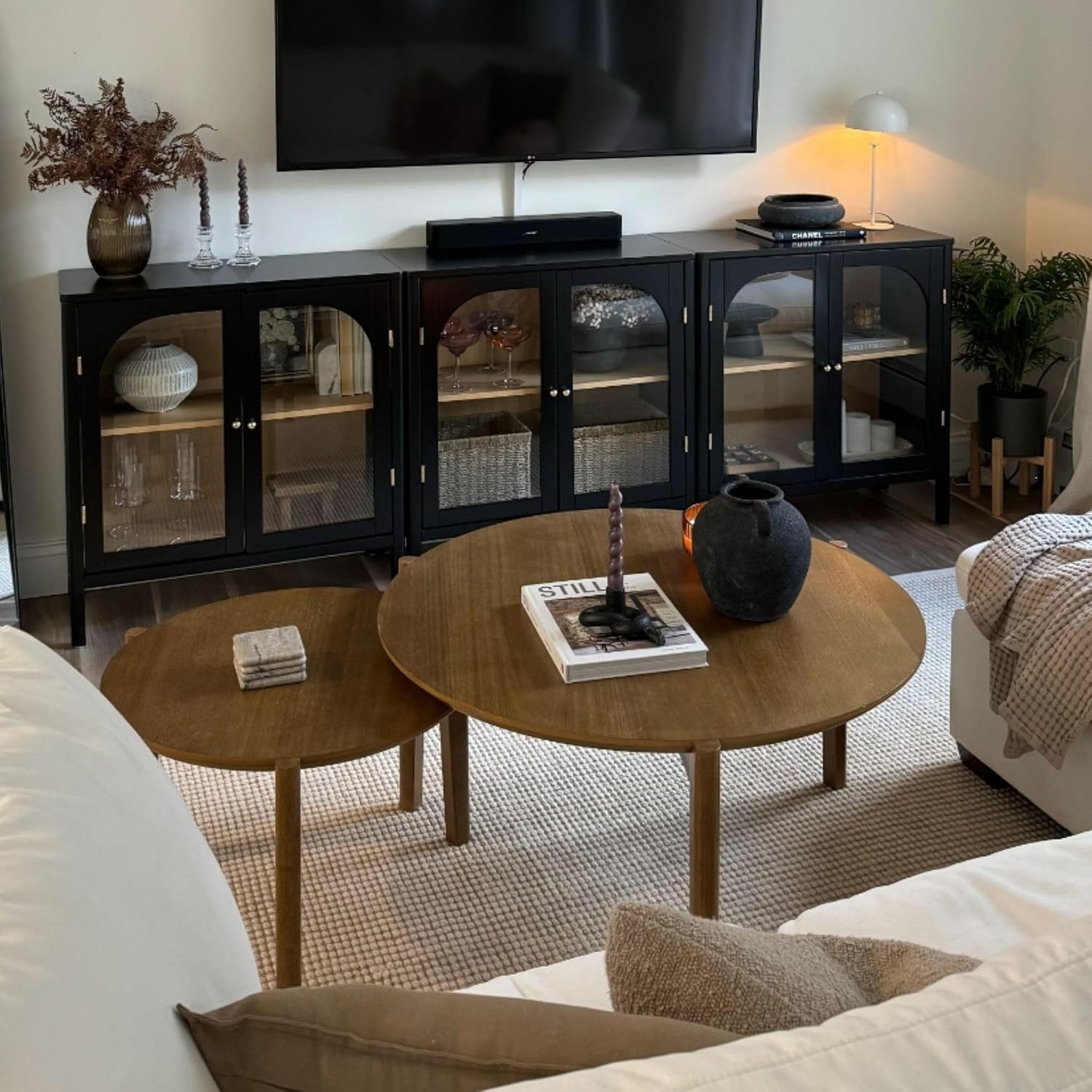 Nathan James Mason Storage Cabinet Accent Sideboard Buffet Credenza TV Stand with Glass Doors and Adjustable Shelf in Black Wood for Dining Room, Entryway and Living Room, Clear Glass/Black, Set of 2