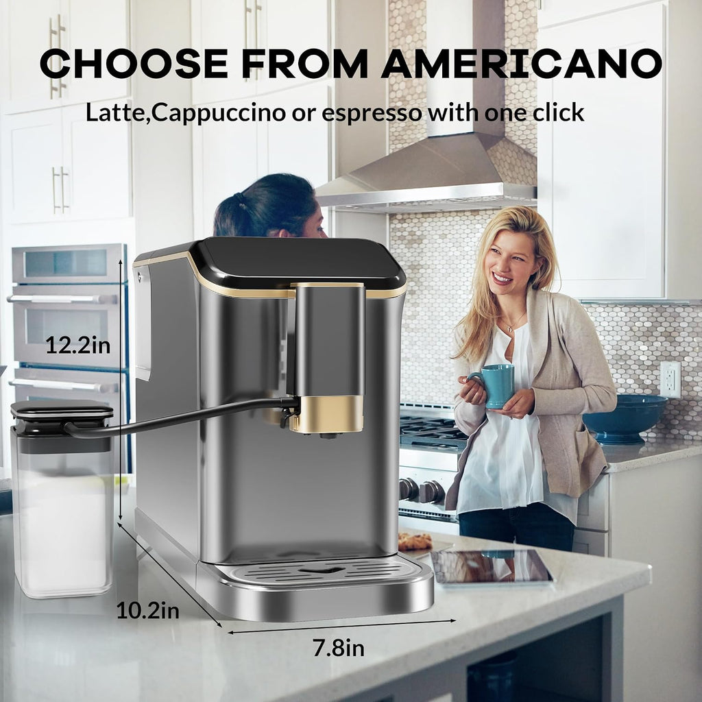 Super Automatic Espresso Machine 20 Bar With Milk Frother, Fully Automatic Bean to Cup Espresso Cappuccino and Latte Iced Coffee Maker Built-In Burr Grinder, Milk Container, Intuitive Touch Display