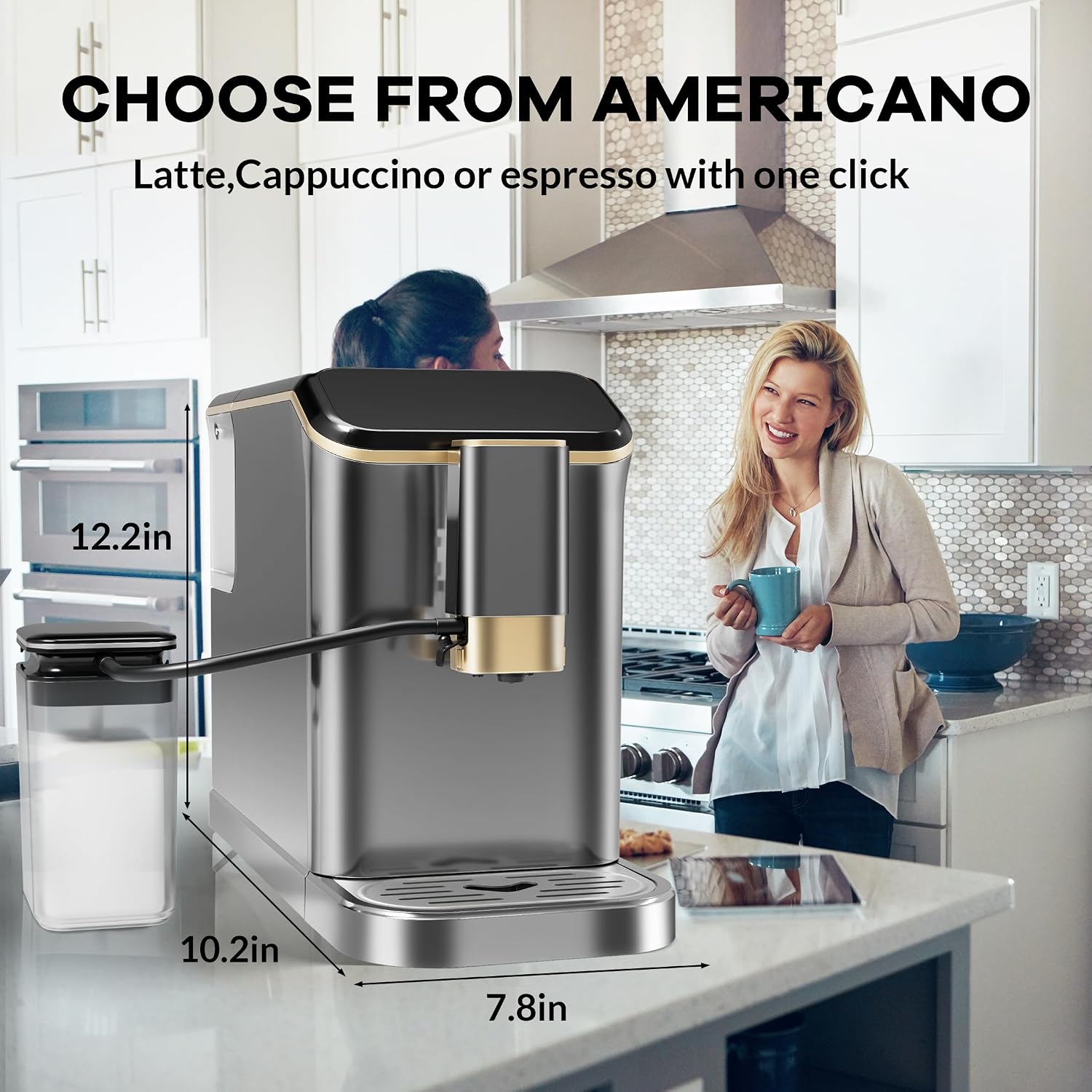 Super Automatic Espresso Machine 20 Bar With Milk Frother, Fully Automatic Bean to Cup Espresso Cappuccino and Latte Iced Coffee Maker Built-In Burr Grinder, Milk Container, Intuitive Touch Display
