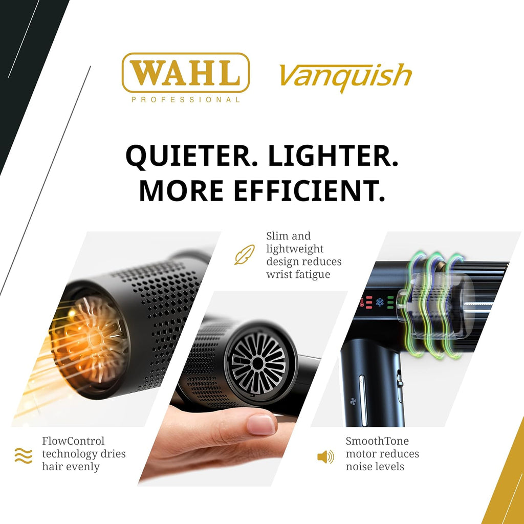Wahl Professional Vanquish Hair Dryer, Controlled Airflow, SmoothTone Motor, 4 Heat & 3 Speed Settings, Auto-Clean Function, Lightweight, Slim Design