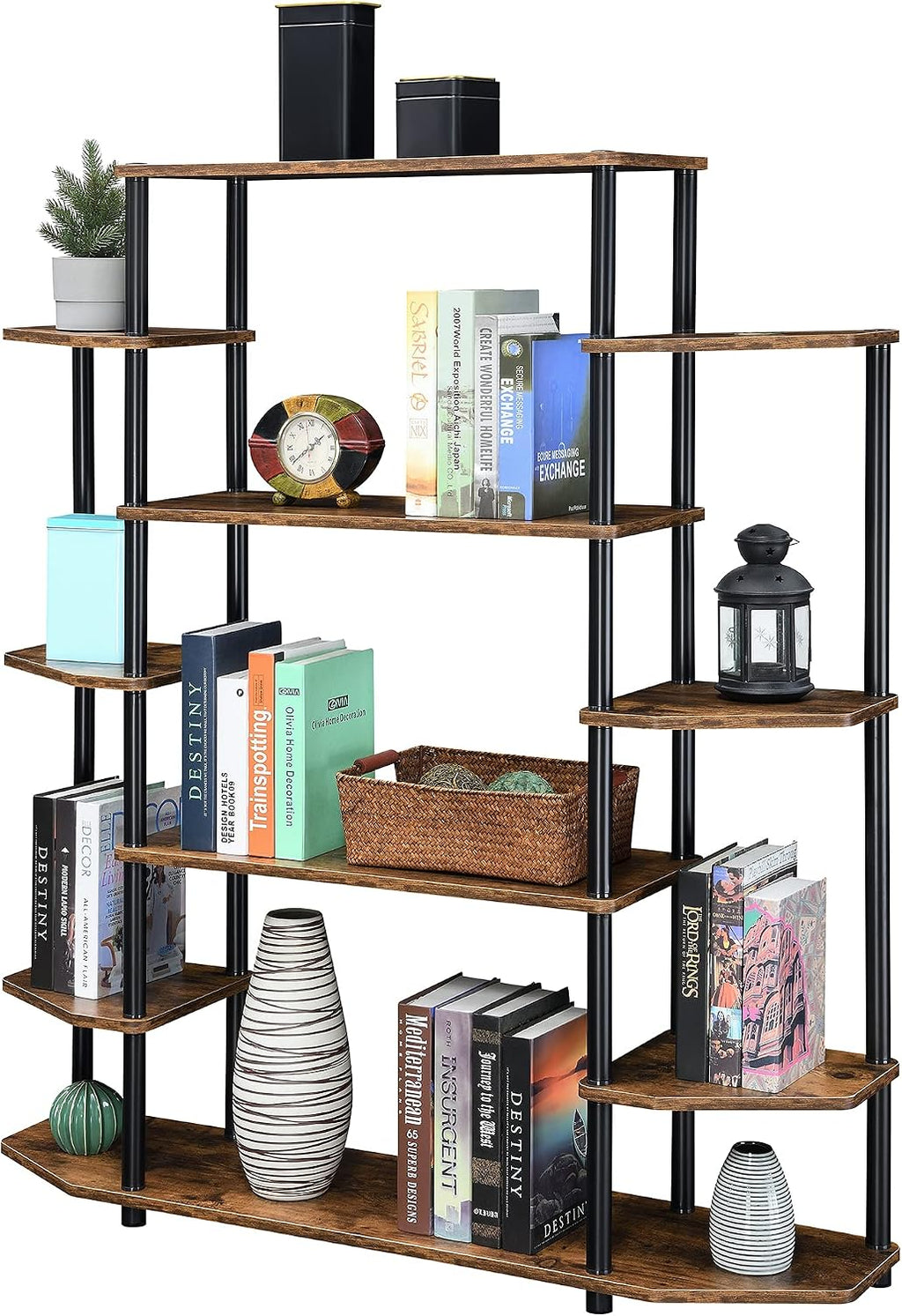 Convenience Concepts Designs2Go No Tools Wall Unit Bookshelf 47.25' - Contemporary Storage Shelves for Display, 10 Spacious Shelves for Modern Living Room, Office, Den, Barnwood/Black