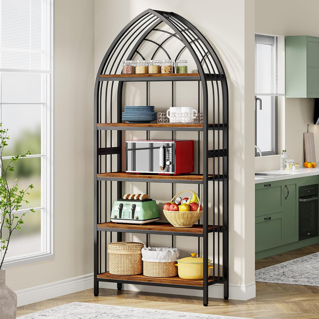 Tribesigns 5-Tier Bookshelf, 74.8-Inch Tall Bookshelf, Industrial Curved Freestanding Display Shelf, Wood Storage Shelves with Metal Frame for Home Office (1, Rustic Brown & Black)