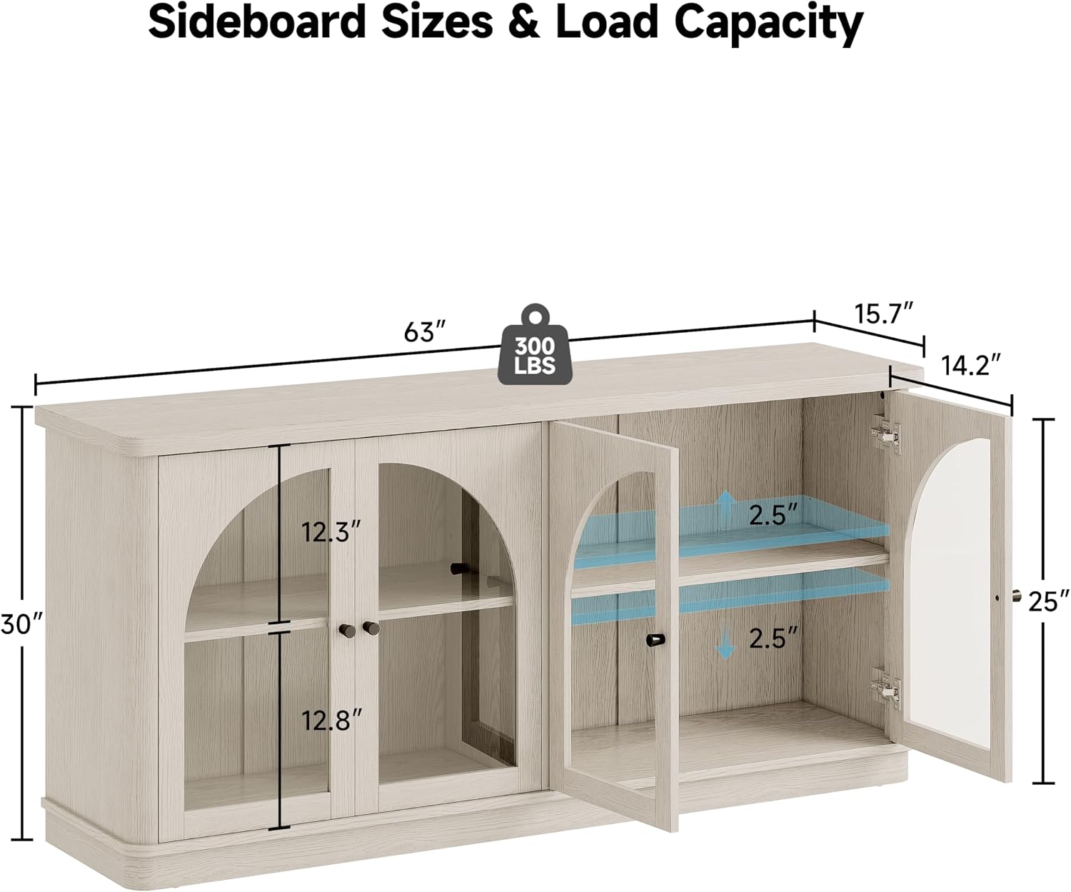 63 Inch Sideboard Buffet Cabinet, Modern Arched Buffet with Glass Doors, Large Curved Cabinets with Storage, Console Credenza w/Adjustable Shelves for Living Room, Kitchen, Entryway, White Oak