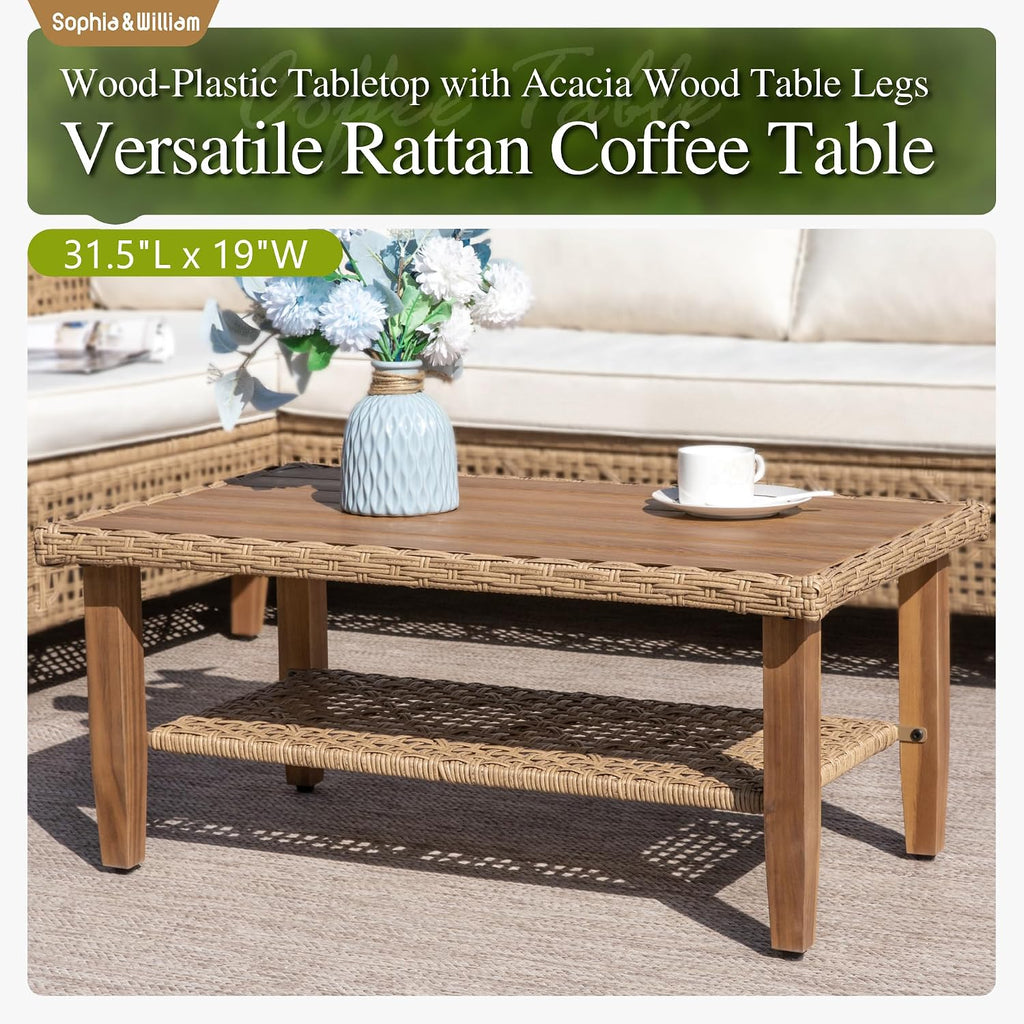 Sophia & William Boho Rattan Patio Sectional Set with Thick Cushions & Coffee Table – Balcony, Backyard & Poolside Outdoor Furniture (Beige)