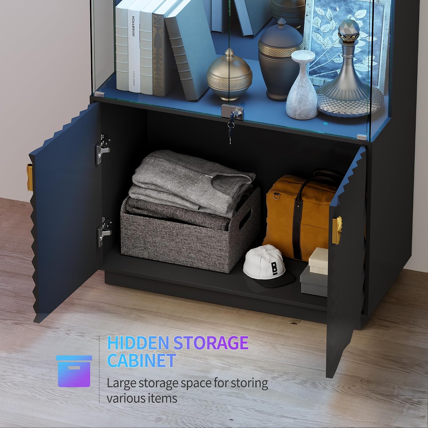 HNEBC Display Cabinet with Glass Doors - 71' High Gloss Curio Cabinet with Adjustable Glass Shelf, Lockable Display Cases with RBG Lights and Human Body Sensor for Collectibles, Black