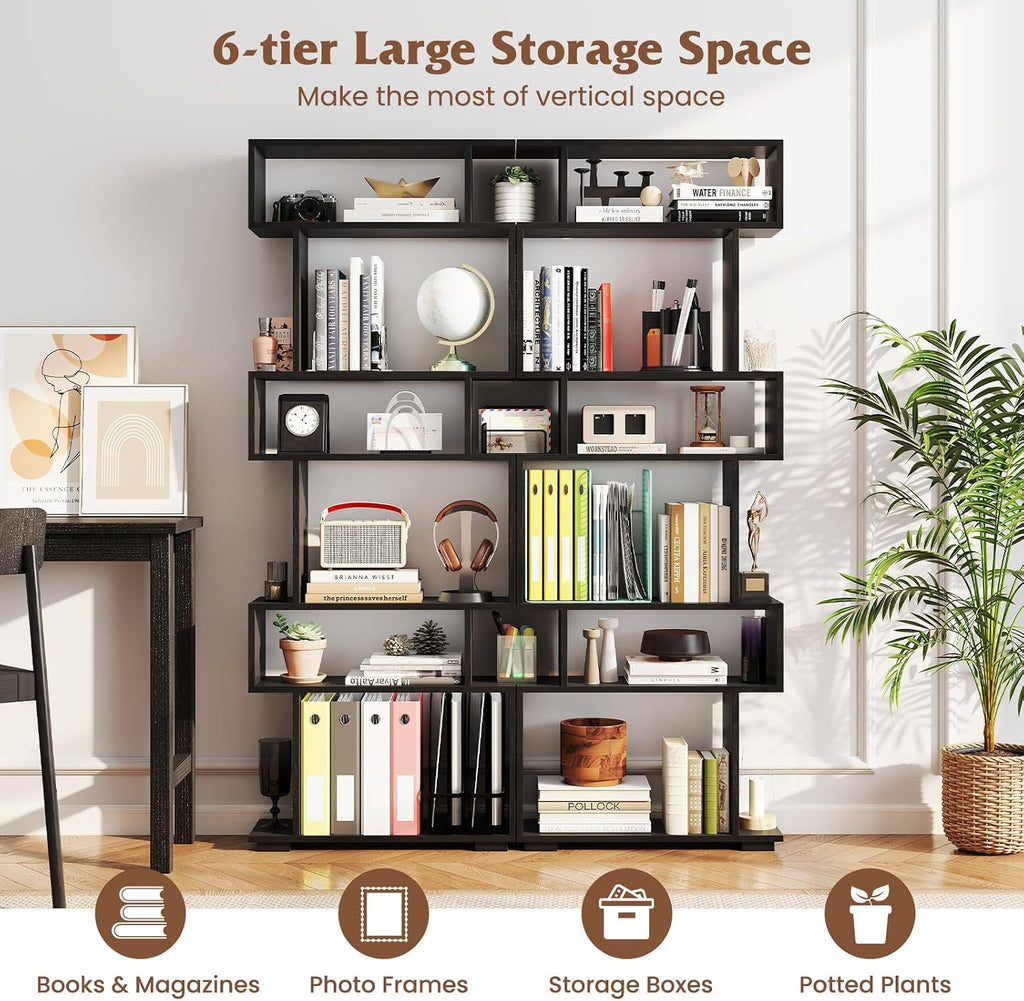 Tangkula 6-Tier S-Shaped Bookshelf, 64' Freestanding Geometric Bookcase, Home Office Wood Storage Shelf with Anti-Toppling Device, Room Divider Display Rack for Study, Living Room (2, Black)