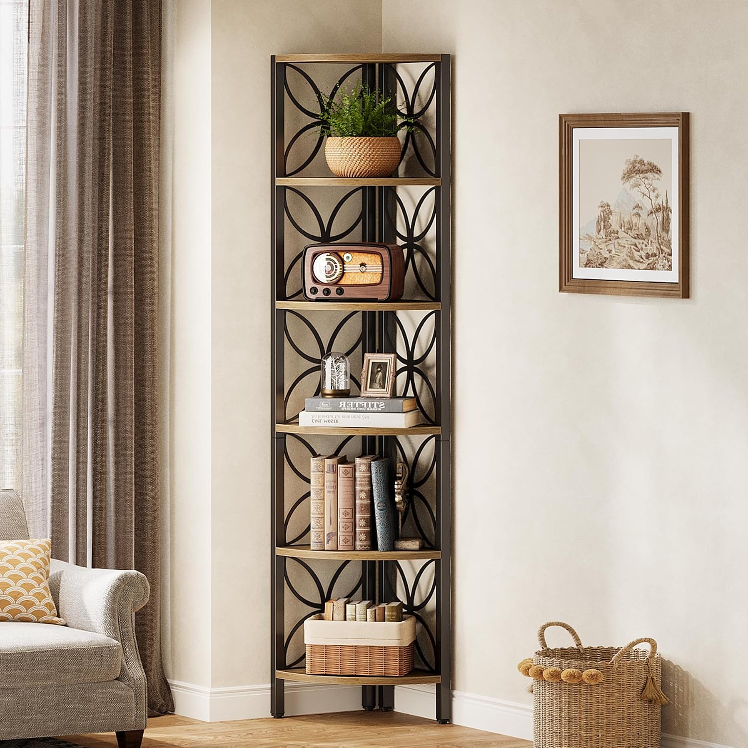 Tribesigns 6-Tier Corner Shelf, 70.9' Rustic Corner Bookshelf Display Shelf for Living Room, Wooden Shelving Unit Plant Stand Storage Rack for Bedroom, Bathroom, Small Space, Rustic Brown