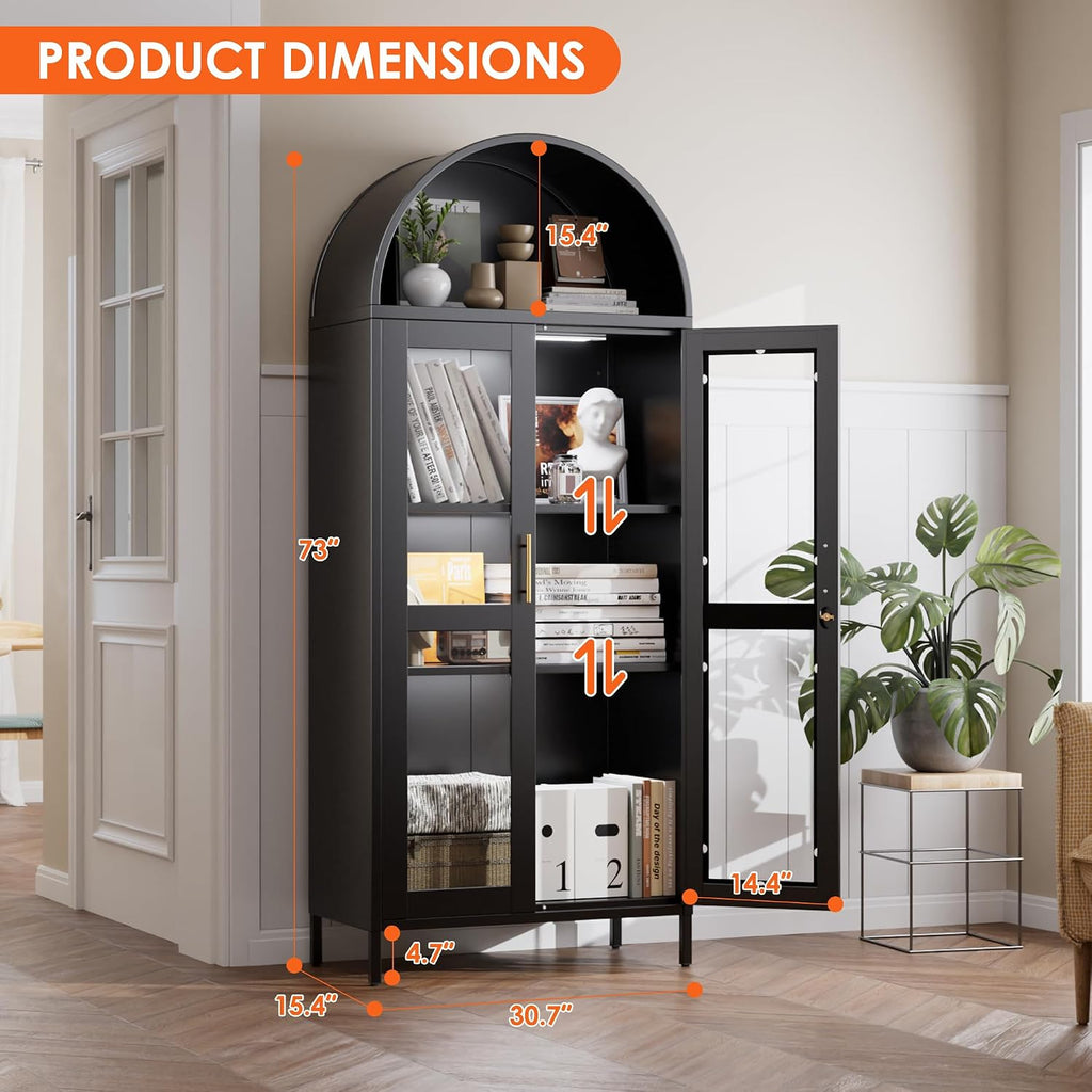Metal Arched Bookcase Cabinet with 3 LED Strips,Lockable Arched Display Cabinet with Glass Doors for Living Room, Home,Office, Assembly Required (Black)