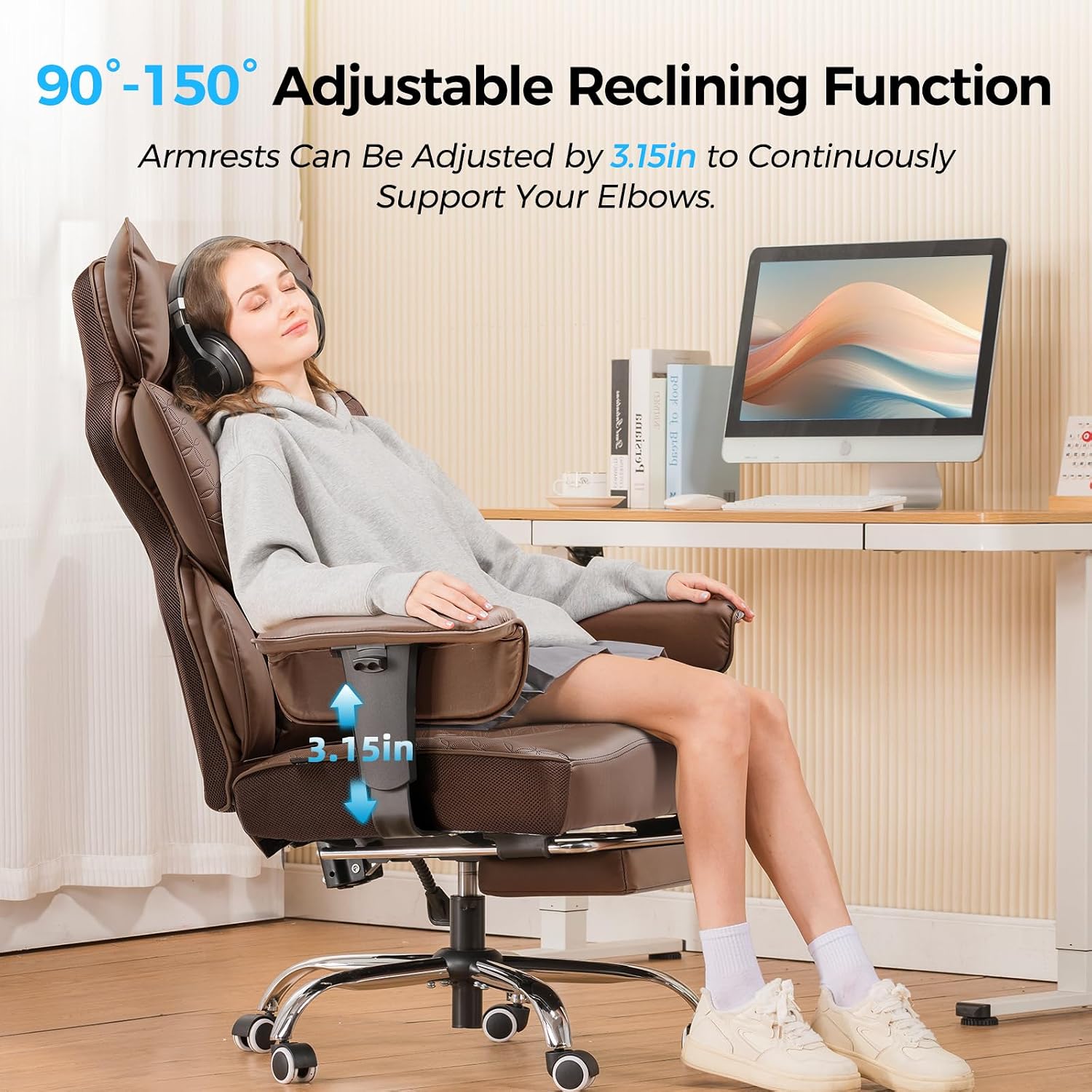 COMHOMA Big and Tall Office Chair Heavy Duty Wide Ergonomic Gaming Chair with Deluxe Embossing Designed Leather with Foot Rest,150°Reclining Adjustable Armrests Pocket Spring Back Support and Pillow