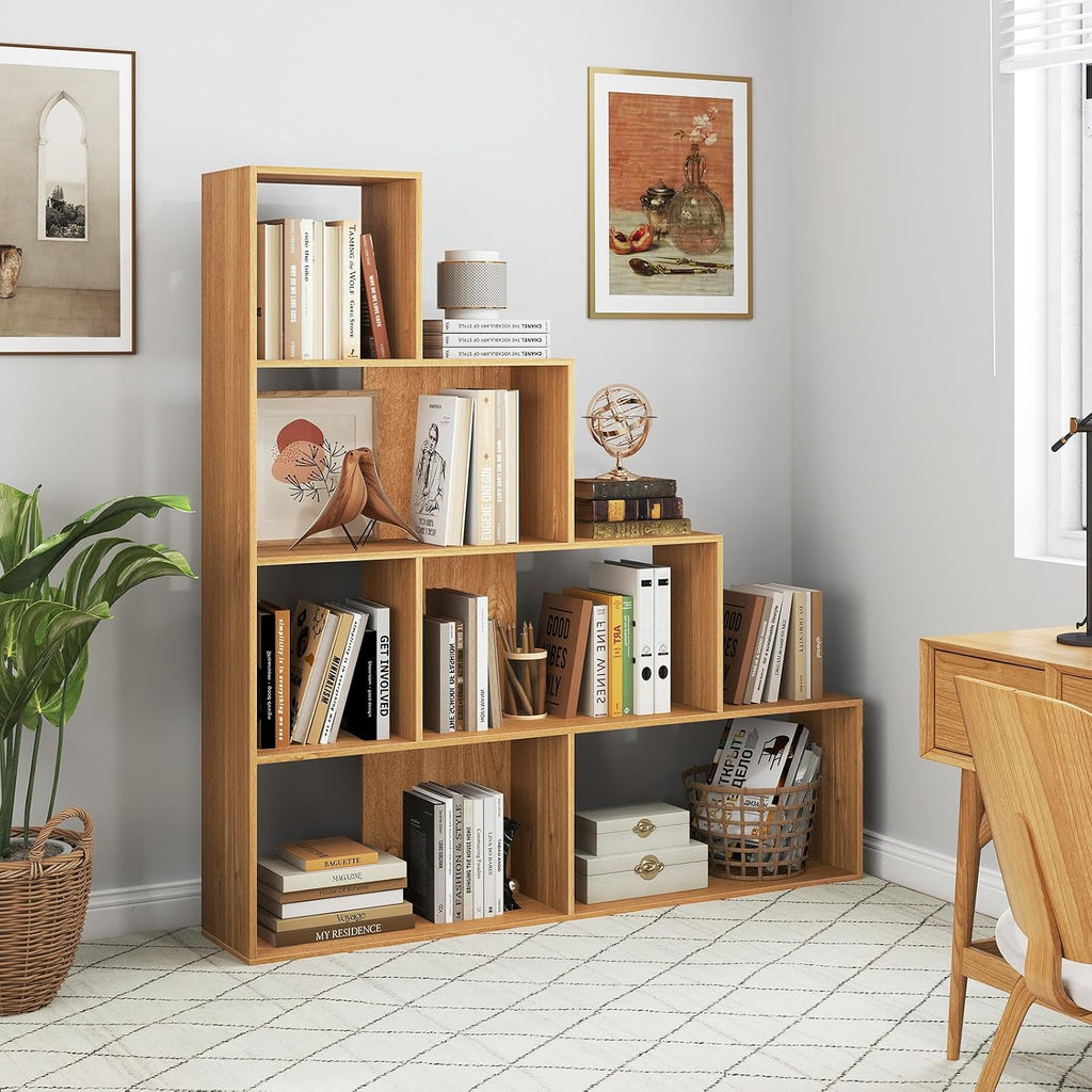 Tangkula 4-Tier Stepped Bookshelf, Freestanding 6 Cubes Ladder Bookcase with Anti-Tipping Kits, 64' Tall Modern Wooden Storage Display Rack for Home Office Living Room Study (2, Natural)