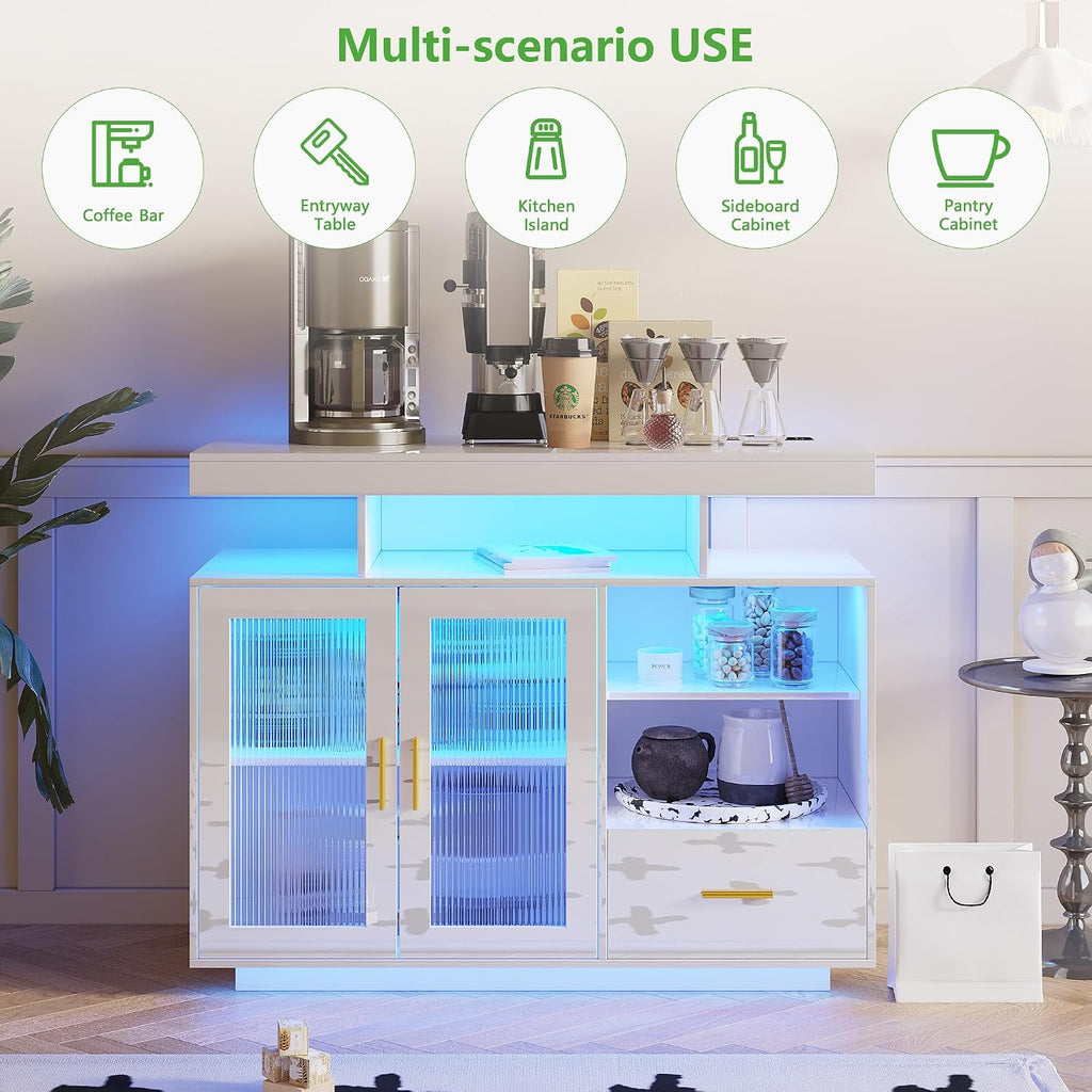 HNEBC LED Sideboard Buffet Cabinet with Charging Station, Smart Bar Cabinet with Auto RGB Lighted, High Gloss Coffee Bar with Drawer/Hutch for Living Room, Dining Room, Home Storager(White)