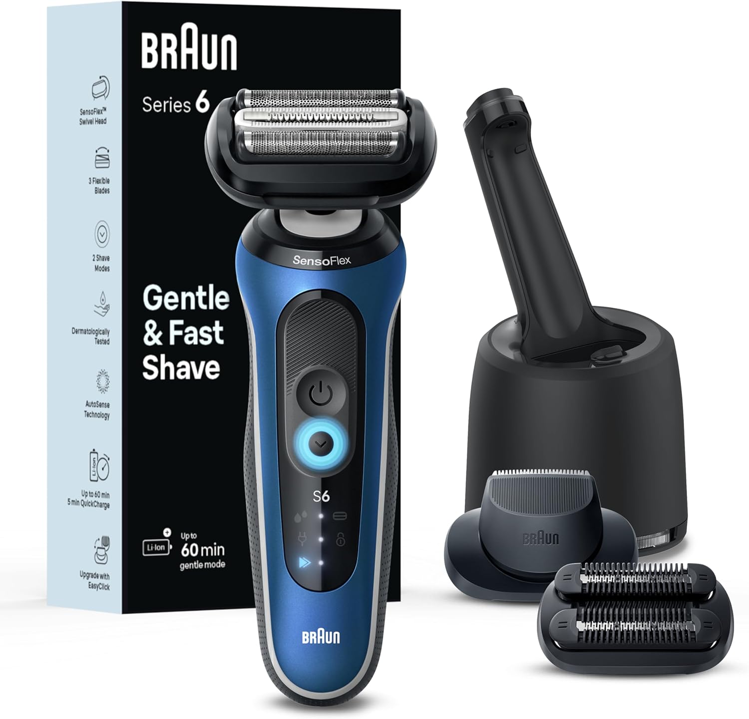 Braun Electric Shaver for Men, Series 6 6177cc, Wet & Dry Shave, Turbo & Gentle Shaving Modes, Foil Shaver, Blue
