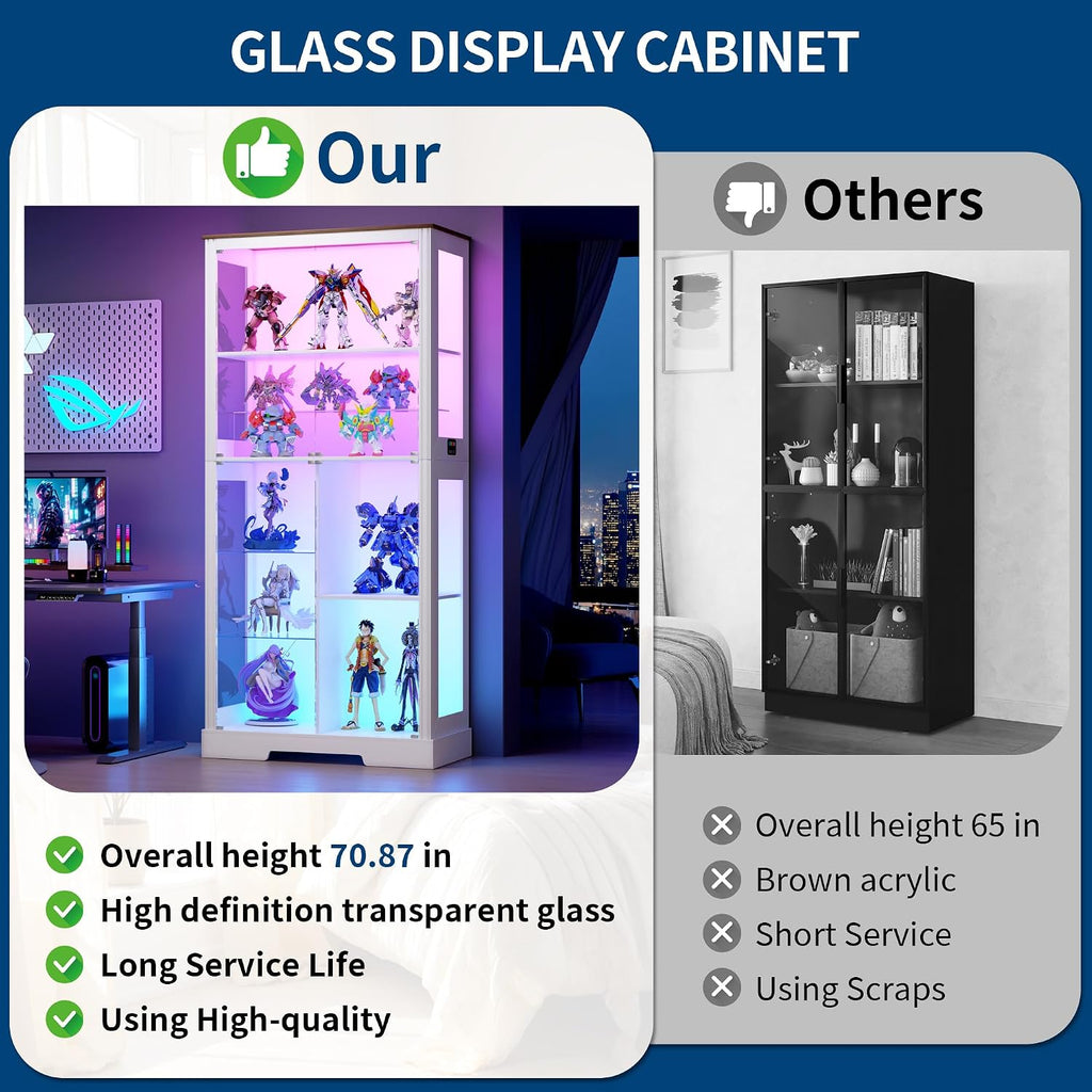 HNEBC Glass Display Cabinet with RGB Lights, 71'' Curio Cabinet with Glass Doors, 5-Tier Display Cases and Human Sensor, Bookcases for Collectibles, Books,Toys, White