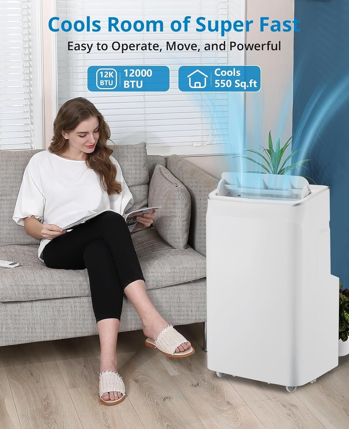 12,000 BTUs 3-In-1 Portable AC: Chill, Dry & Circulate - Cools 550 Sq.Ft., Remote, Sleep Mode & 24H Timer