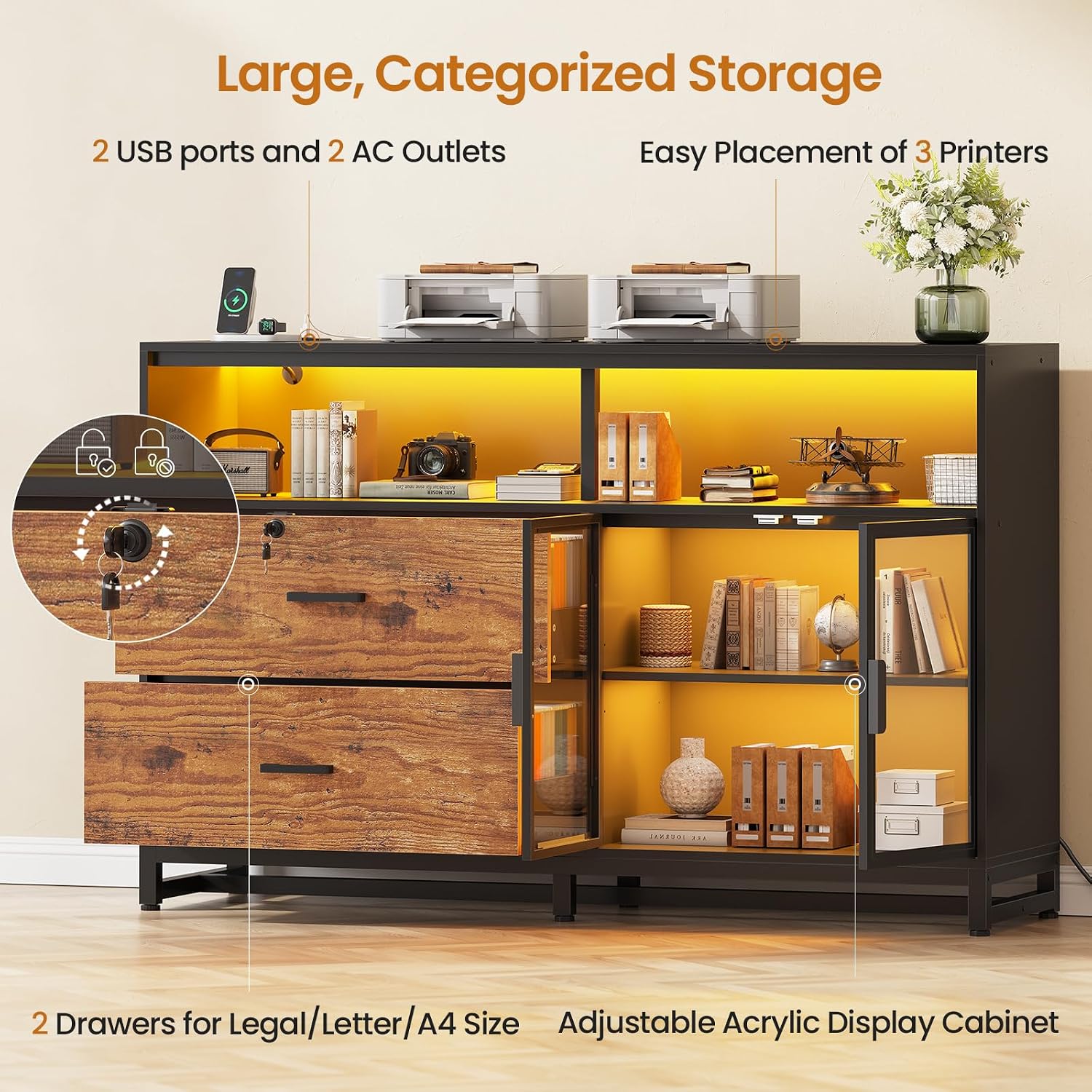SEDETA 59' File Cabinet, 2 Drawers Filing Cabinets for Home Office fit Legal/Letter/A4 File, File Cabinet with Lock & Power Outlets, Printer Stand with Storage & LED Lights, Rustic Brown