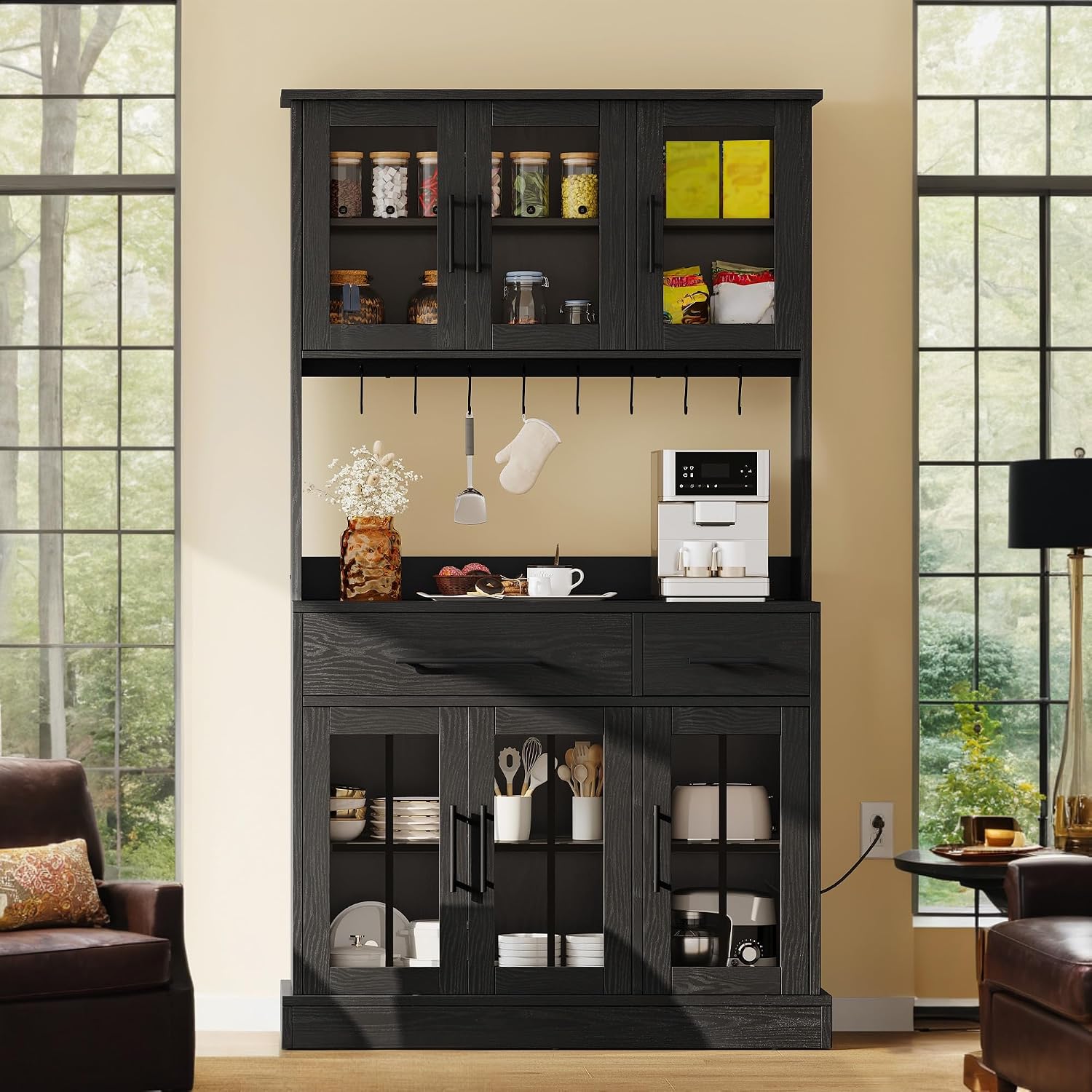 DWVO 2-Pack Kitchen Pantry Storage Cabinet Set, 71'' Tall Coffee Bar Cabinets with Microwave Stand and Power Outlet, Glass Door Kitchen Hutch with Drawers ＆ Shelves for Home Living Dining Room, Black