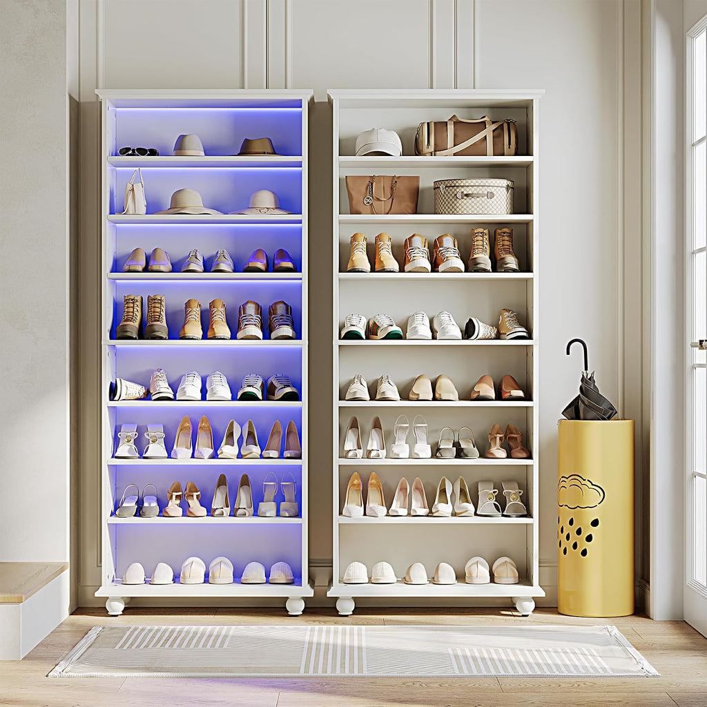 LITTLE TREE 69-Inch Tall Shoe Cabinet with LED Light Strip & Adjustable Shelves, White Wooden 8-Tier Shoes Display Cabinet for 26 Pairs, Freestanding Modern Shoe Cabinet for Entryway