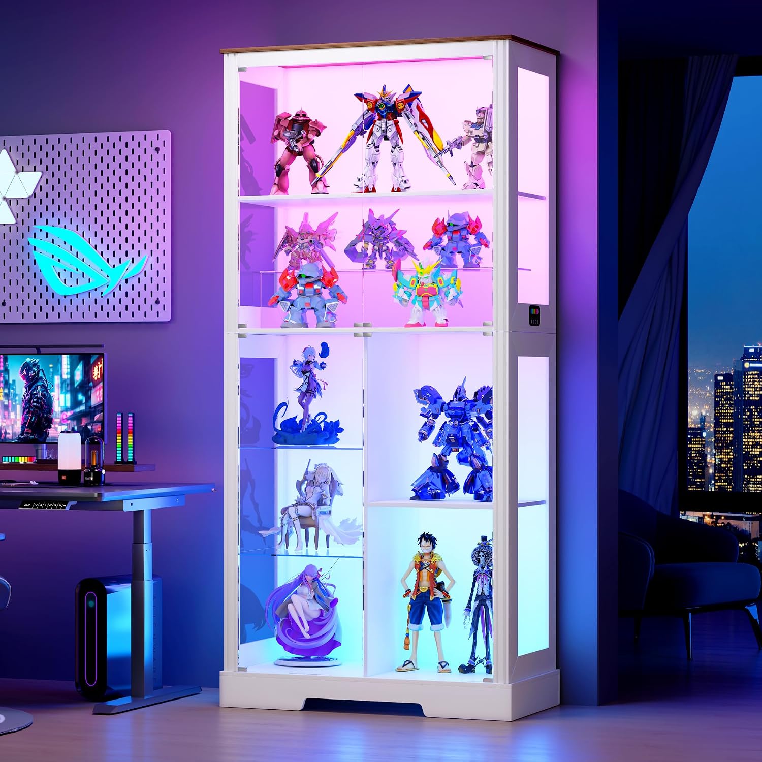 HNEBC Glass Display Cabinet with RGB Lights, 71'' Curio Cabinet with Glass Doors, 5-Tier Display Cases and Human Sensor, Bookcases for Collectibles, Books,Toys, White