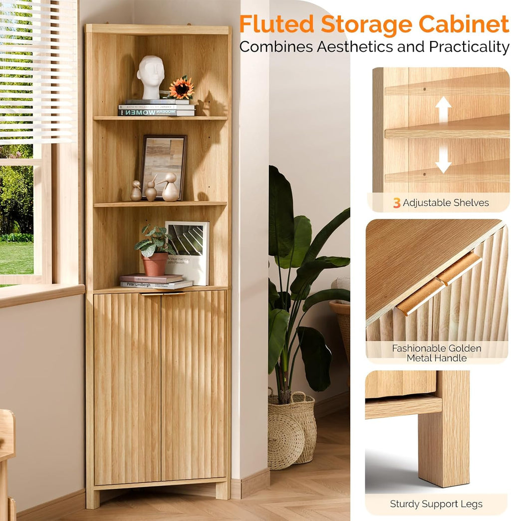 VINGLI 68' Tall Corner Cabinet with Fluted Doors,Corner Bathroom Storage Cabinet Pantry Hutch Display Shelves Adjustable for Kitchen, Living Room Modern Space Saver Shelf Bathroom Furniture,Oak
