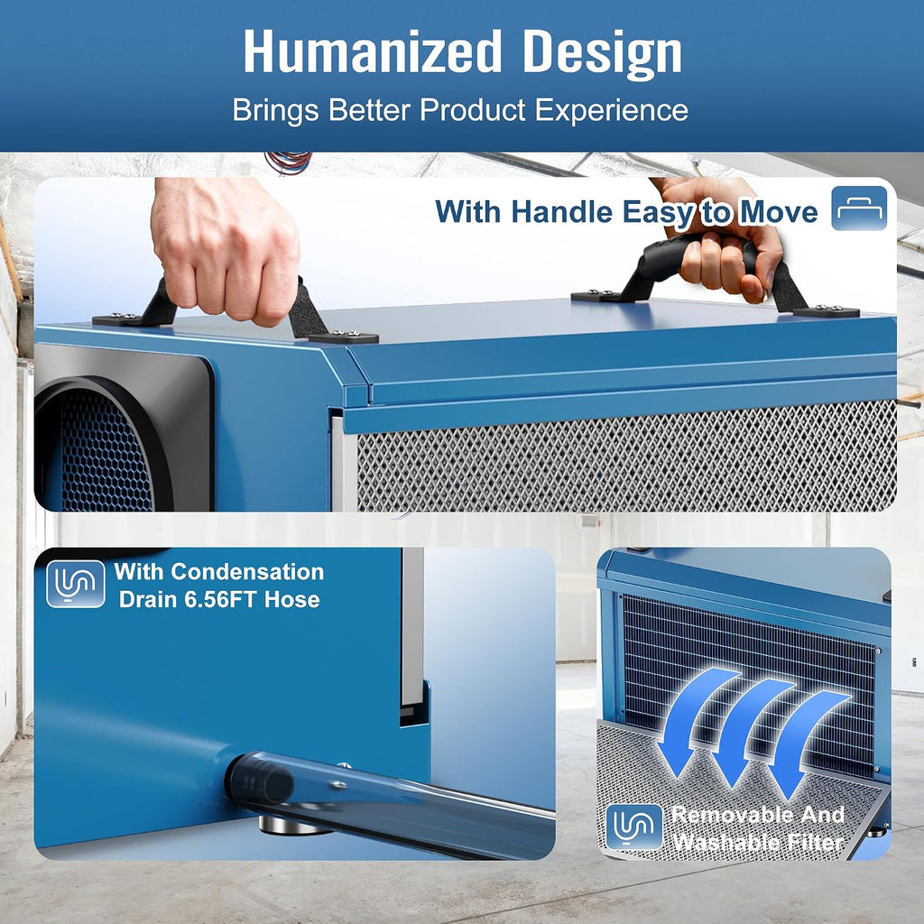 145 Pints Commercial Dehumidifier for Large Basements & Crawl Spaces up to 6500 Sq.Ft, Industrial Dehumidifiers for Water Damage Restoration, Auto Defrost, Continuous Drain Hose, Memory Function, Blue