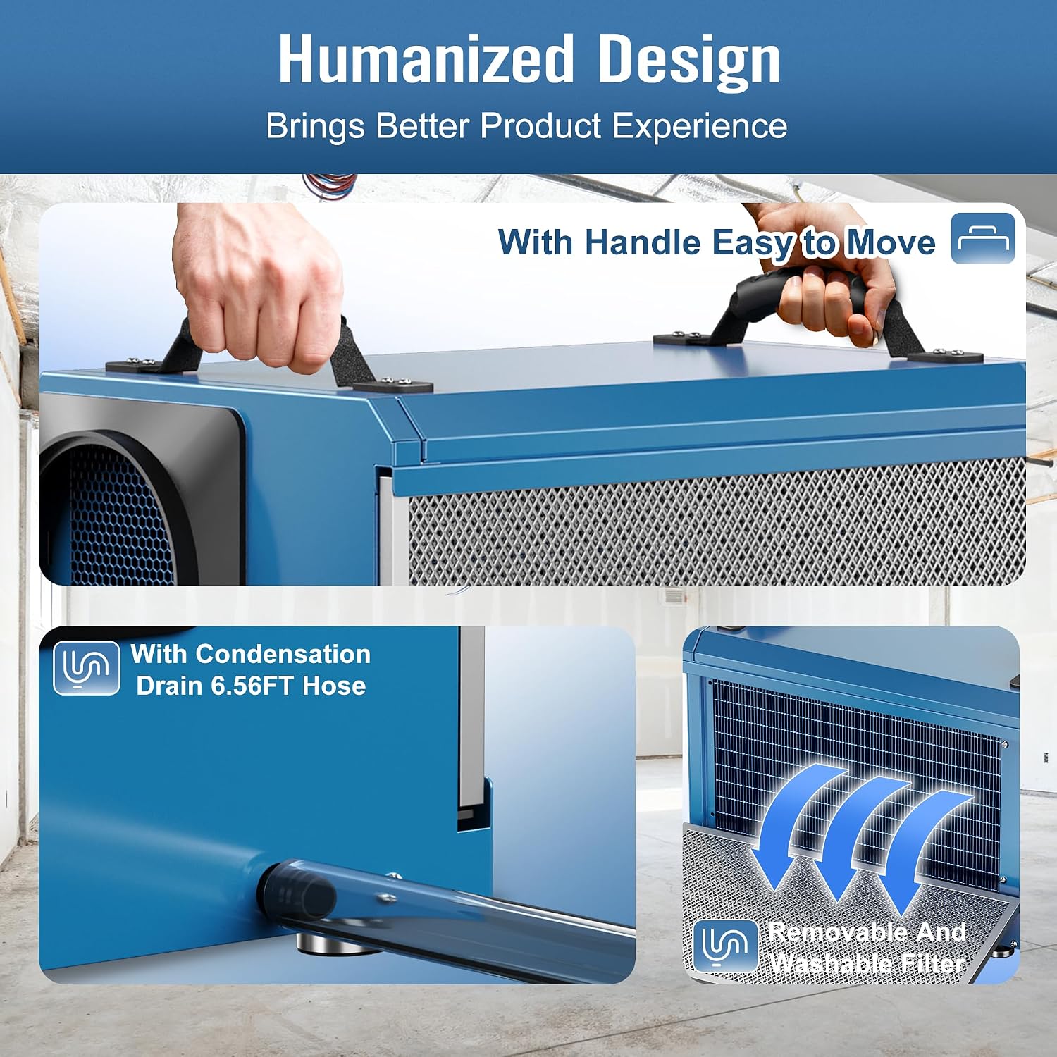 145 Pints Commercial Dehumidifier for Large Basements & Crawl Spaces up to 6500 Sq.Ft, Industrial Dehumidifiers for Water Damage Restoration, Auto Defrost, Continuous Drain Hose, Memory Function, Blue
