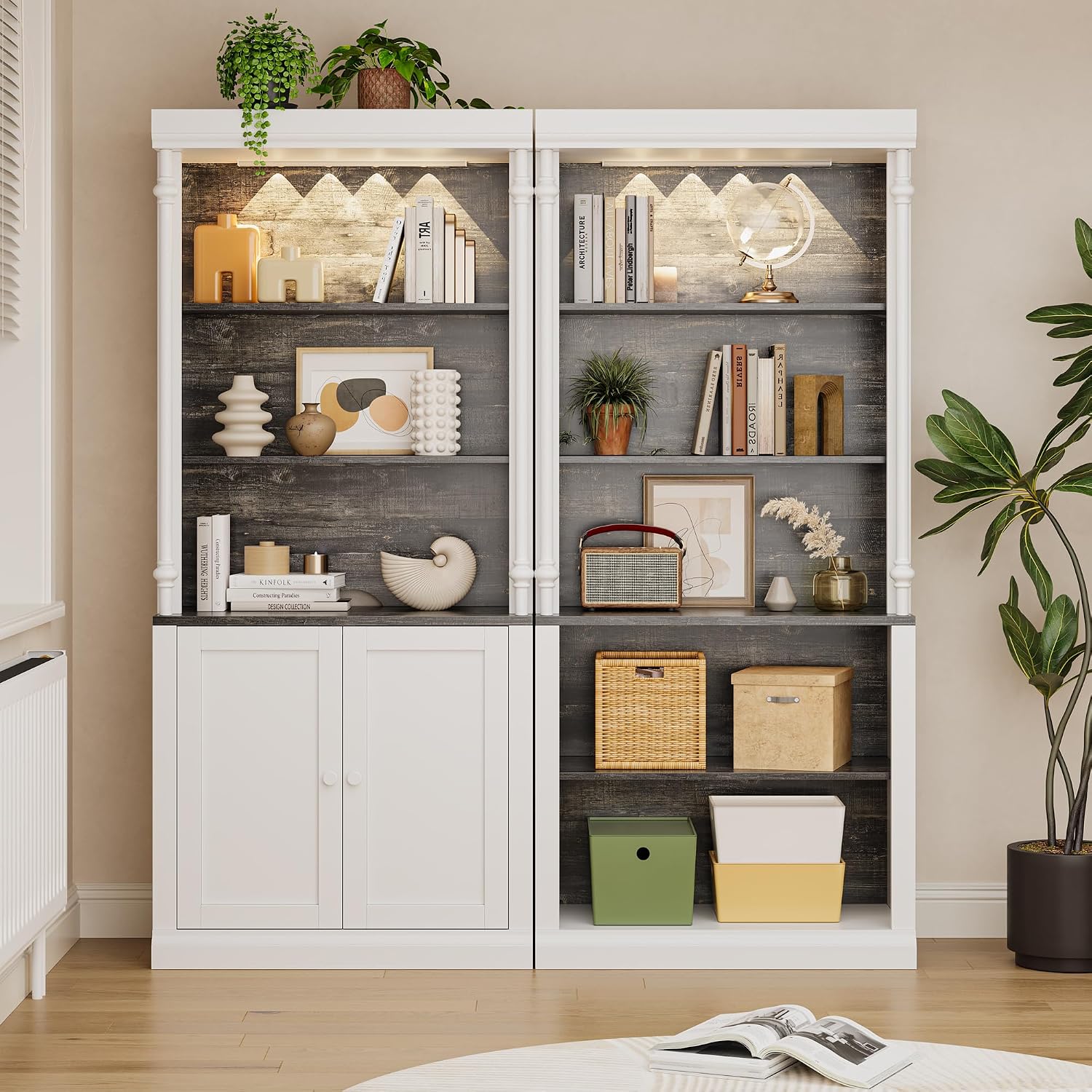 IDEALHOUSE White Bookshelf with Storage Cabinet, 5-Tier Display Cabinet with Light & Doors, Freestanding Display Case for Collectibles Bedroom Living Room Office, White