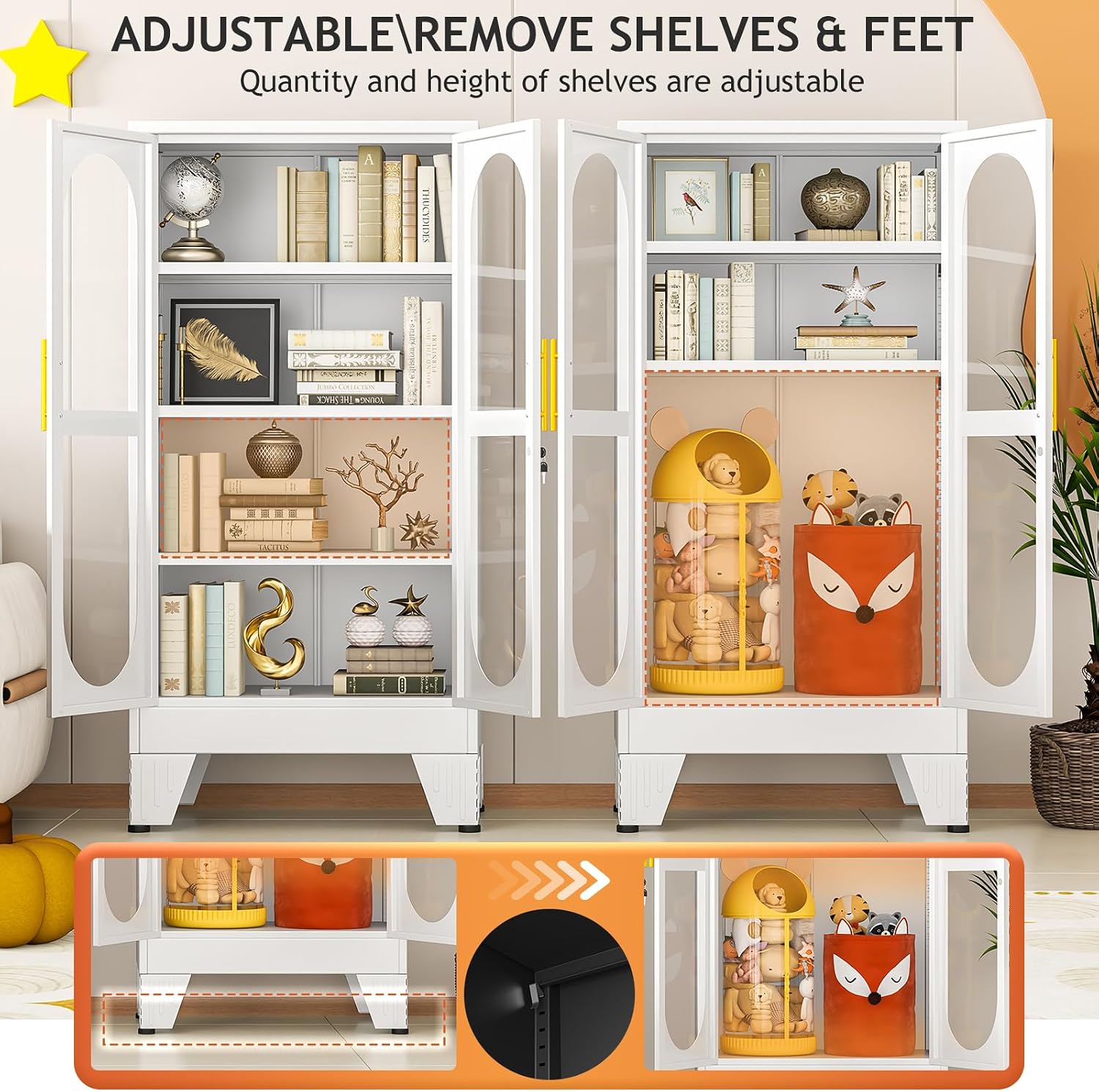 GAIOUS 47' Tall Metal Curio Cabinet, Display Storage Cabinet with Glass Door, 4 Tier Liquor Cabinet with 3 Adjustable Shelves, Locking Glass Display Case for Collectibles, Showcase Cabinets, White