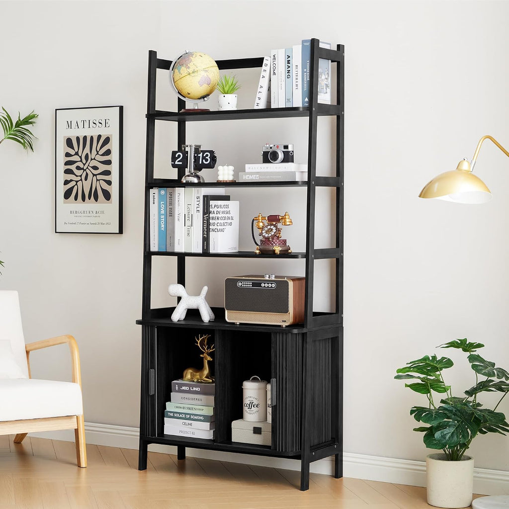 4-Tier Bookshelf, Tall Bookcase with Open Shelf and Sliding Door, 67' Freestanding Storage Organizer Display Cabinet for Living Room, Home Office (Black)