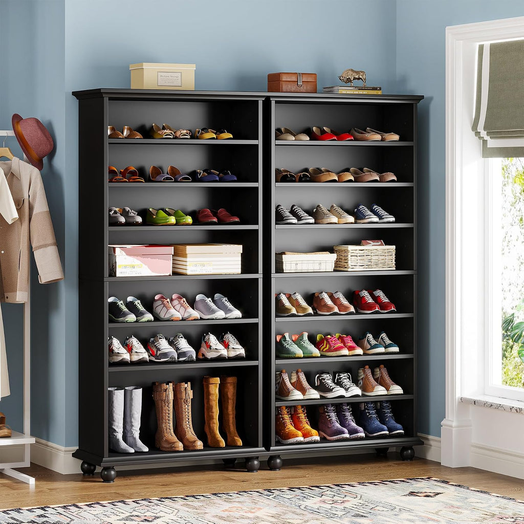 Tribesigns Narrow Tall Shoe Cabinet with LED Lighting, 9-Tier 30 Pairs Freestanding Shoes Storage Cabinet, Wood Shoe Organizer Cabinet with Solid Wooden Legs for Entryway (2, Black)